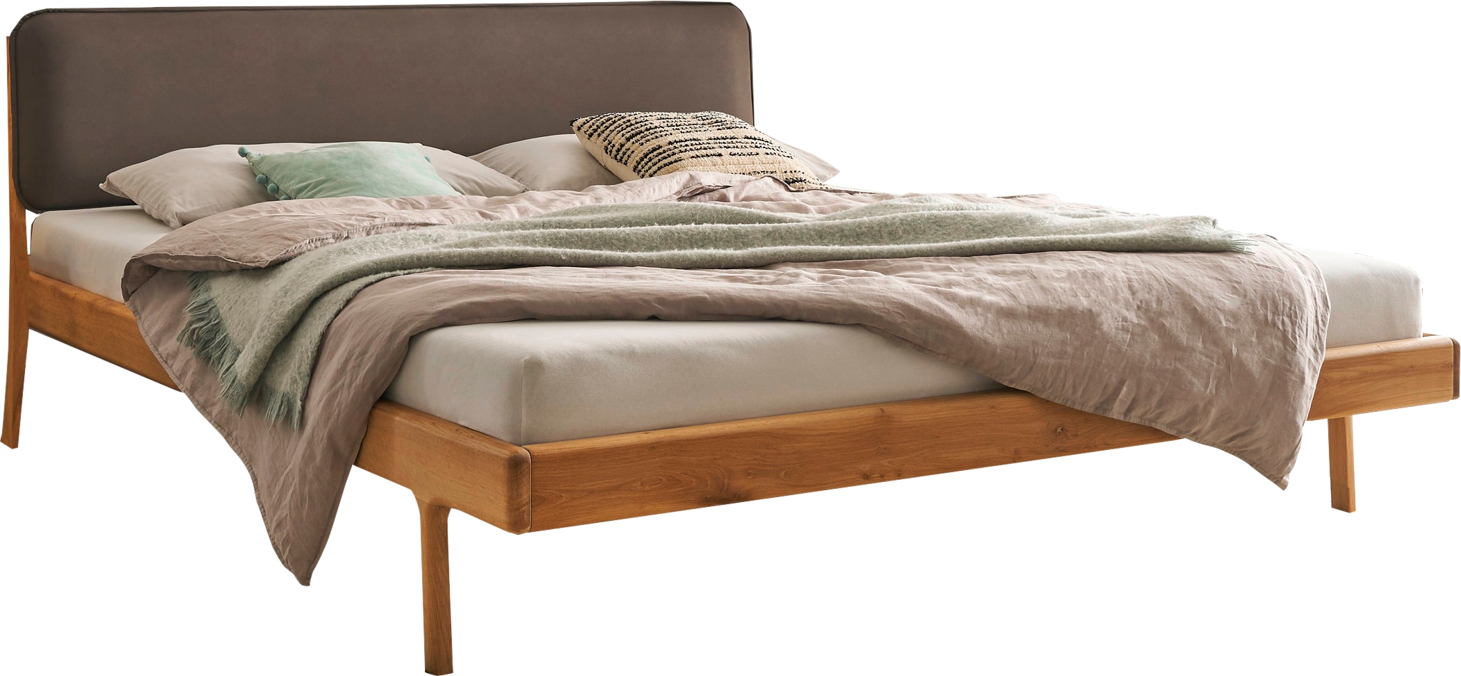 Schlafkontor Massivholzbett »Jerik« Eiche Massiv , Bett-Kopfteil in pflegeleichten Kunstleder Taupe