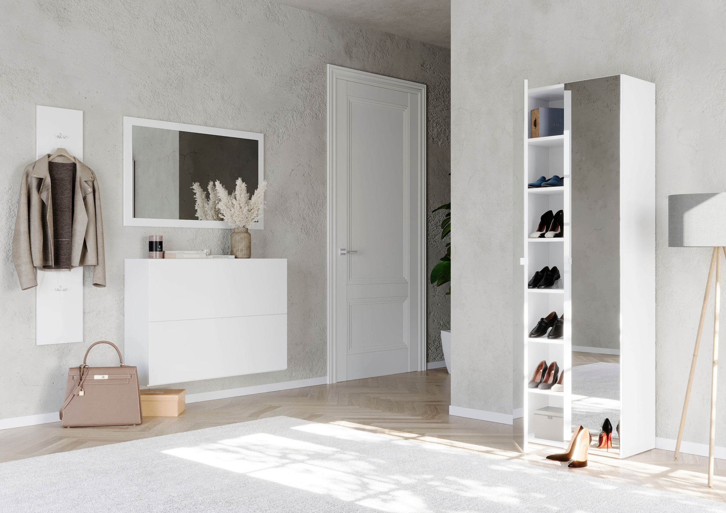 INOSIGN Schuhschrank »SMILE Höhe 184 cm, Weiß Hochglanz lackiert mit 2 Spiegeltüren,«, Schuhregal mit 7 Ebenen, Metallgriff, viel Stauraum, 4 Böden variabel
