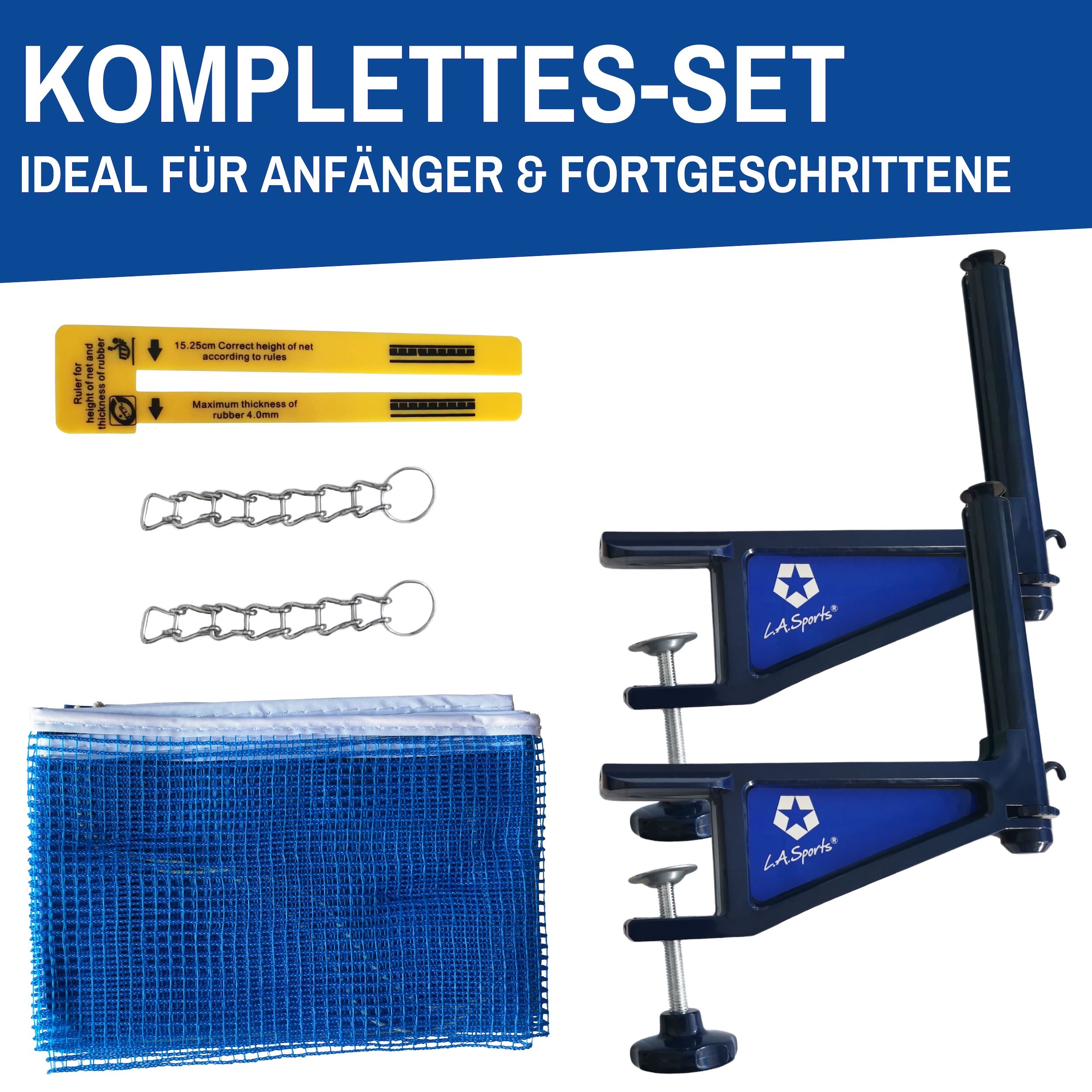 L.A. Sports Tischtennisnetz »Netzgarnitur wetterfest geeignet für Plattenstärke bis 4,9 cm«, (Set, mit Pfosten, Netz, Spannkette und Netzlehre), Höhenverstellbar mit Drehmechanismus