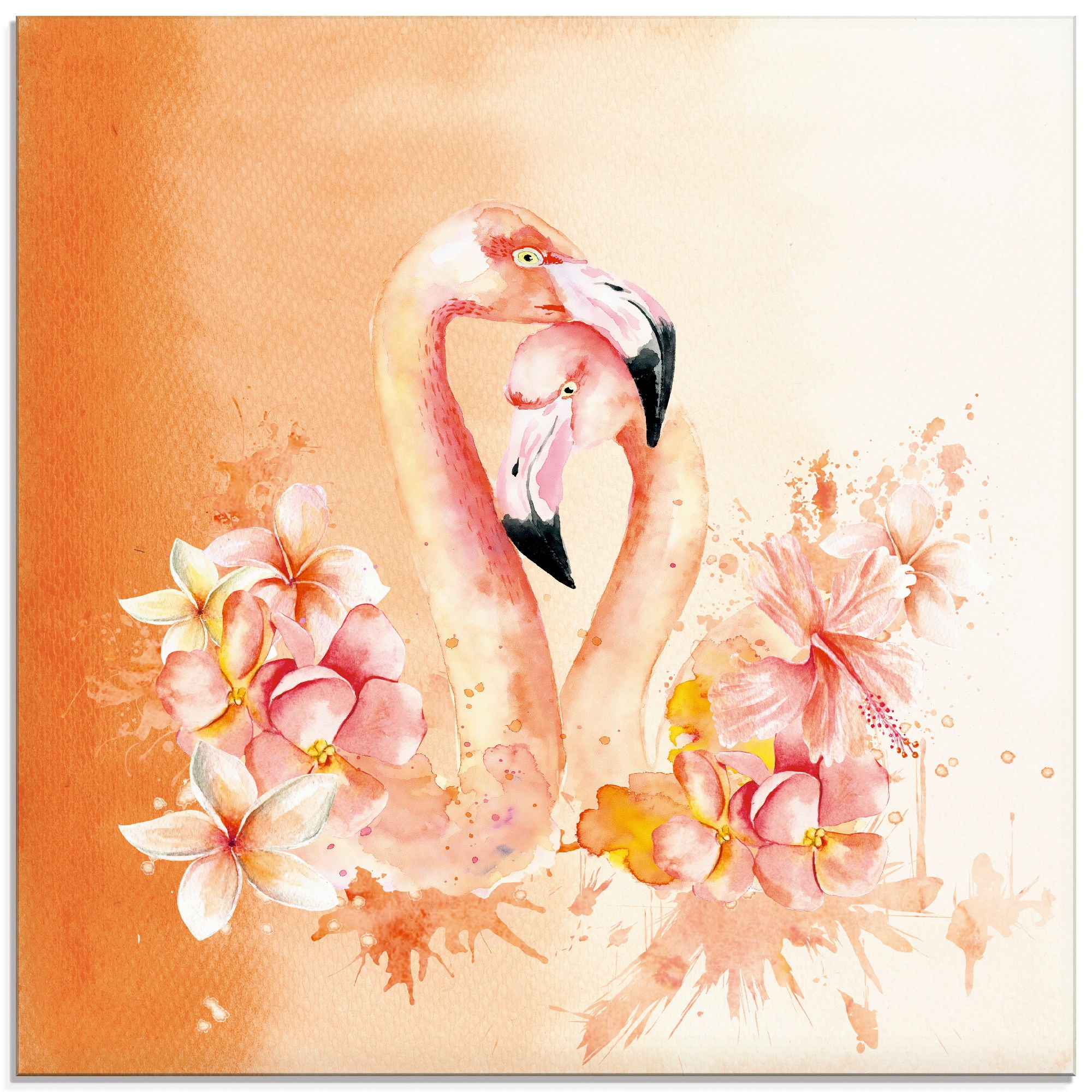Glasbild »Orange Flamingo in Love- Illustration«, Vögel, (1 St.), in verschiedenen Größen