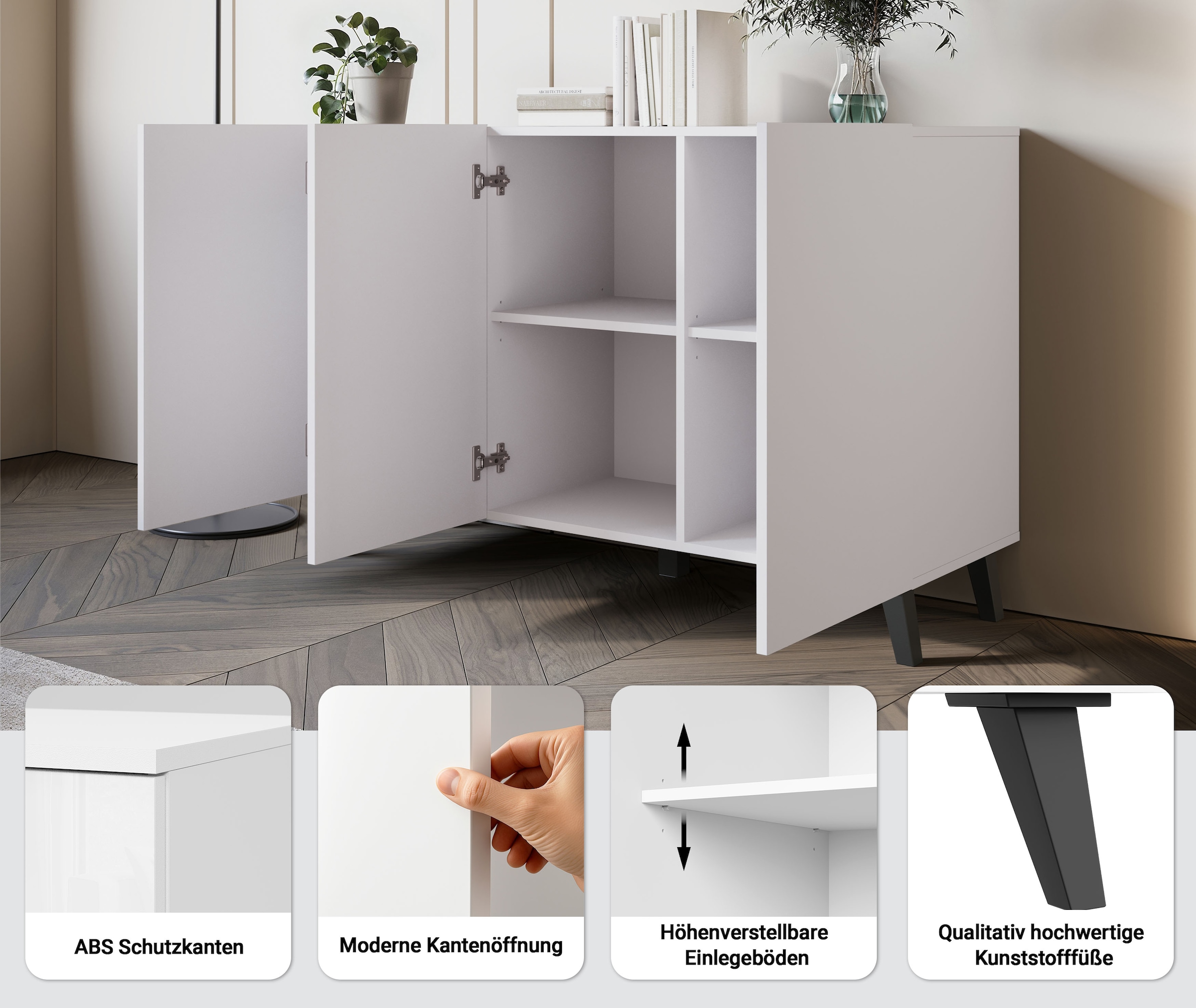 Home affaire Sideboard »SIDEBOARD PHUKET II, Stilvolle, grifflose Kommode, Breite 120cm« 1 Stk. tlg. Mit 6 Fächern und höhenverstellbaren Einlegeböden