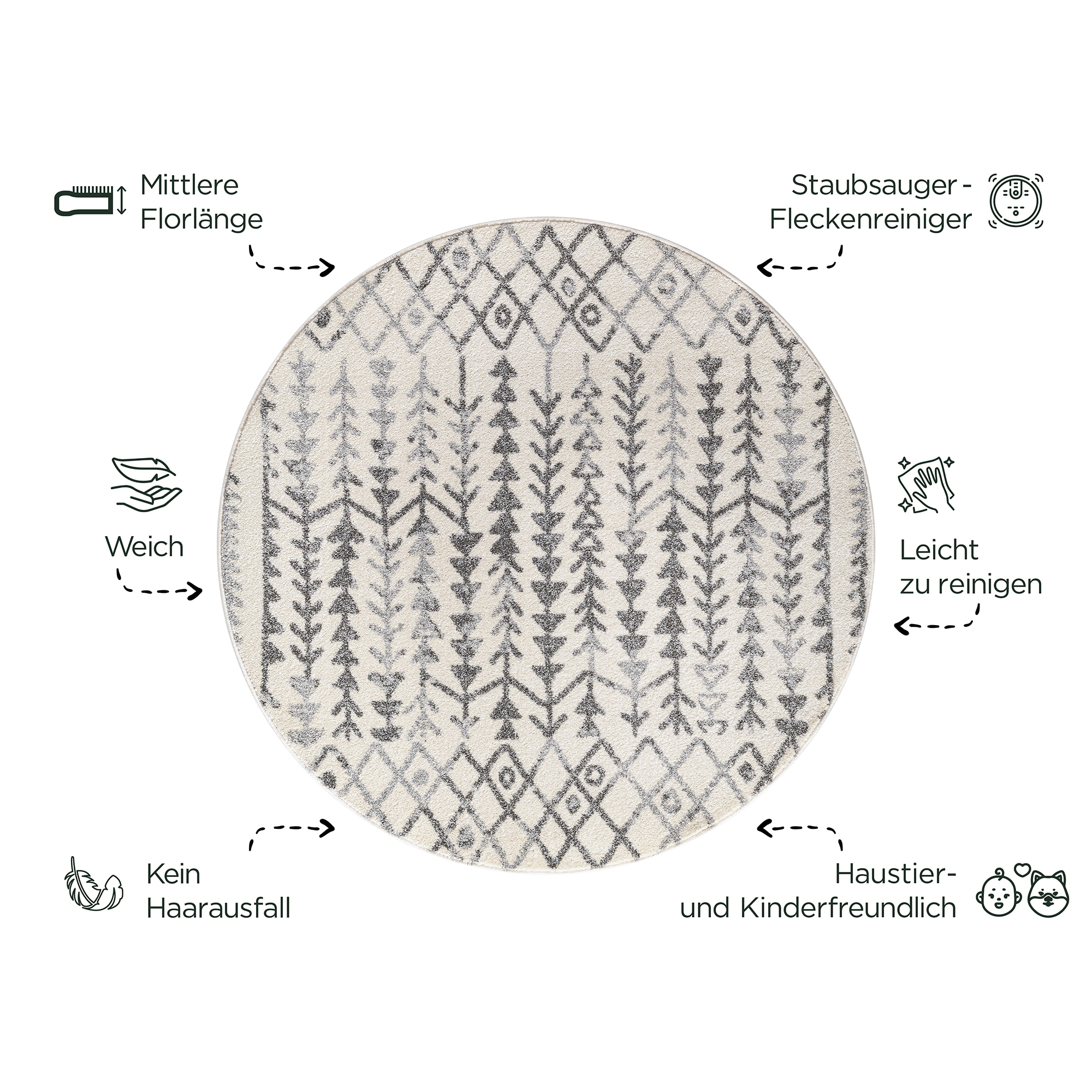 Sanat Teppich »Boho 8204« rund 10 mm Höhe Kurzflor, robust, Boho, Scandic, für Fussbodenheizung geeignet