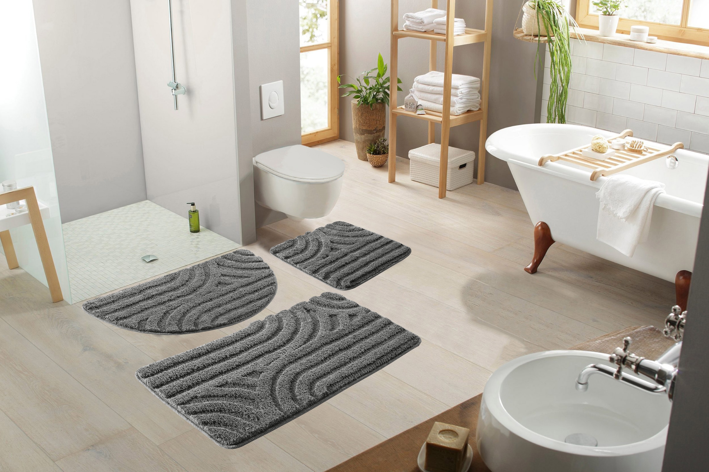 my home Badematte »Sanremo Scandi, Badvorleger, Badezimmer Teppich, Duschvorleger« Höhe 20 mm rutschhemmend beschichtet strapazierfähig Badteppich, Uni Farben, Hoch-Tief-Effekt, modernes Muster, Boho