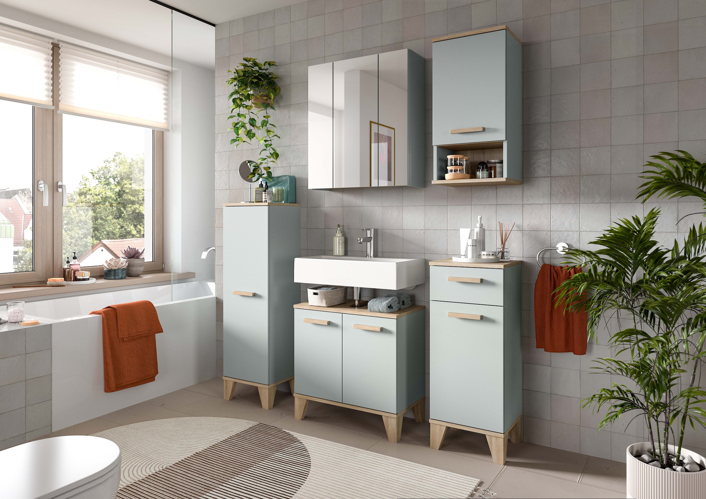 welltime Midischrank »MINTTU, Höhe 87 cm, 1 Tür, 1 Schubkasten, 1 Einlegeboden, 2 Fächer« Türanschlag rechts und links montierbar,  Badmöbel, Badschrank, Schrank, Kommode, Bad, Unterschrank