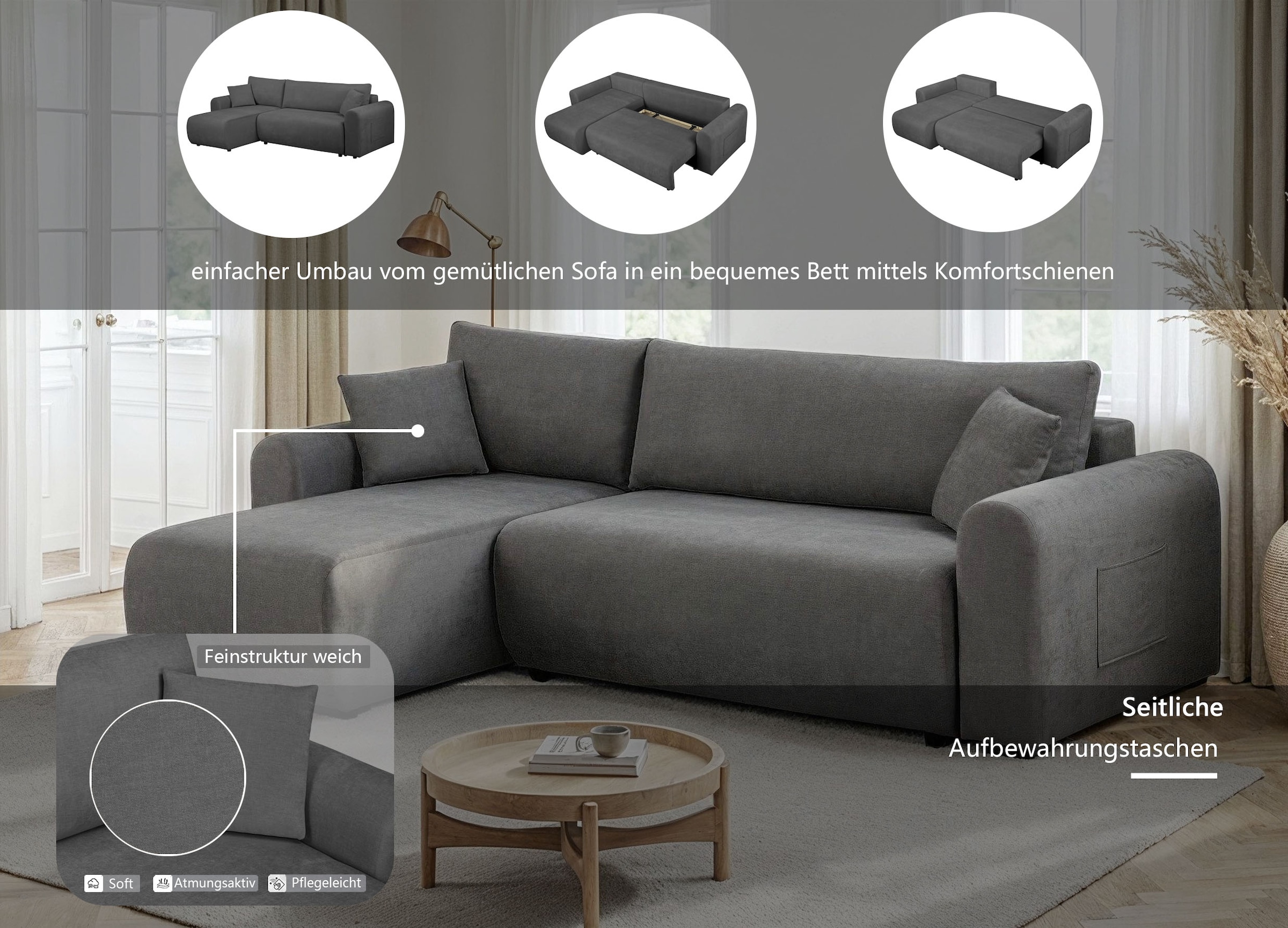 OTTO home Ecksofa »JONAA, 241cm, L-Form, Schlafsofa, Boxspringfederung, Cord u. Struktur« 133/200cm, Recamiere links/rechts, Bettkasten, Cord u. Struktur