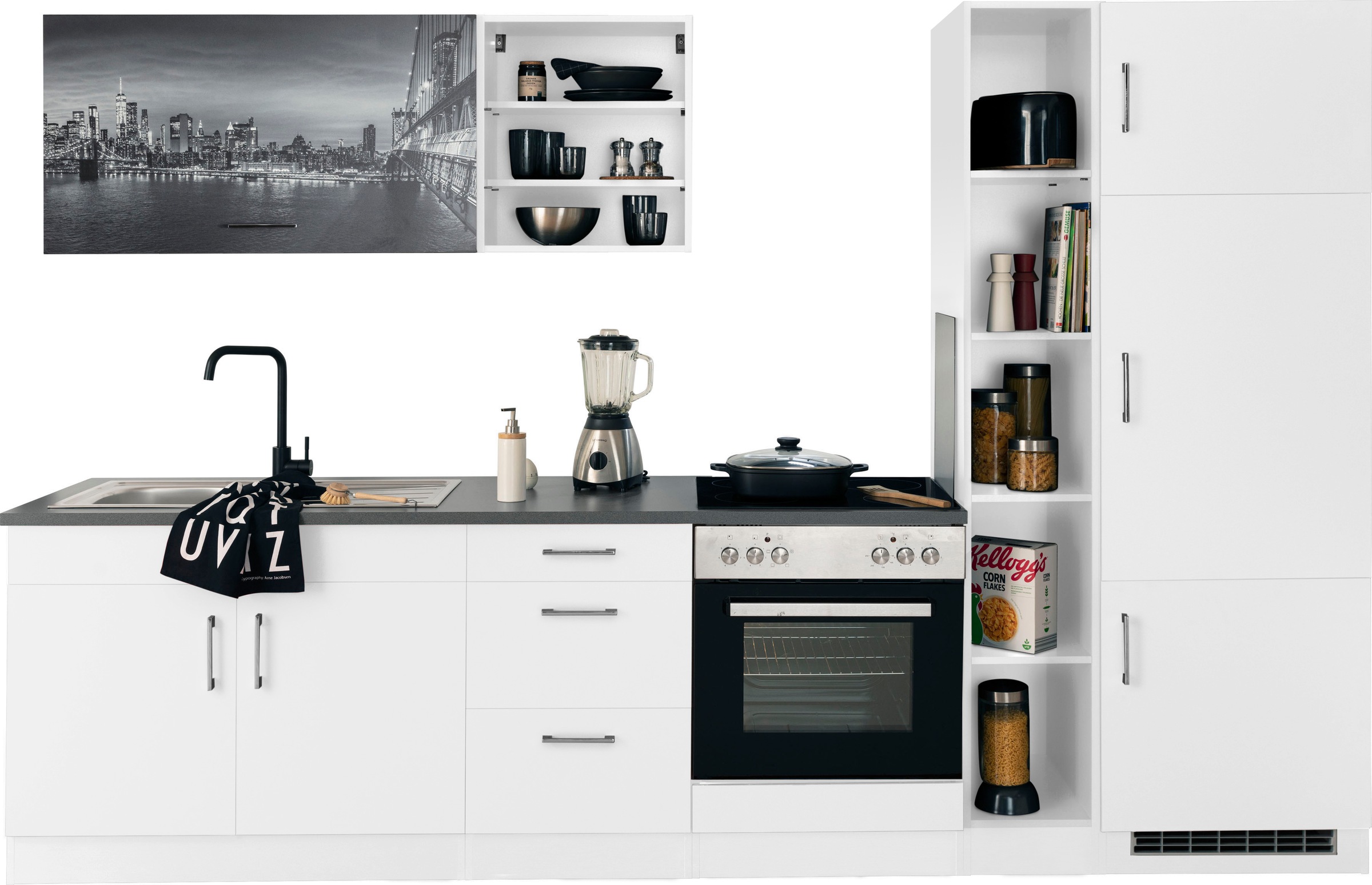 KOCHSTATION Küchenzeile »KS-Paris – Küchen mit einzigartigen Fotomotiven auf den Fronten« Breite 300 cm, wahlweise mit E-Geräten, mit Motivdruck