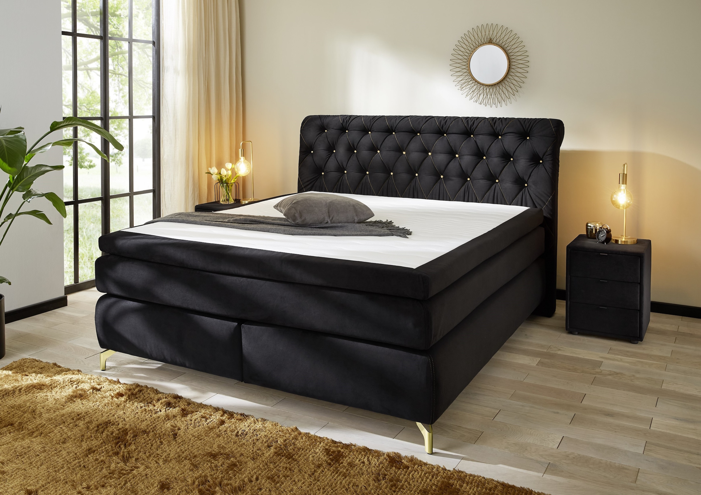 Jockenhöfer Gruppe Boxspringbett »Sancara, inklusive 7-Zonen-TTFK-Matratzen und 9 cm Kaltschaumtopper«, goldfarbige Designelemente, Härtegrade wählbar (H3,H3/H4 oder H4)