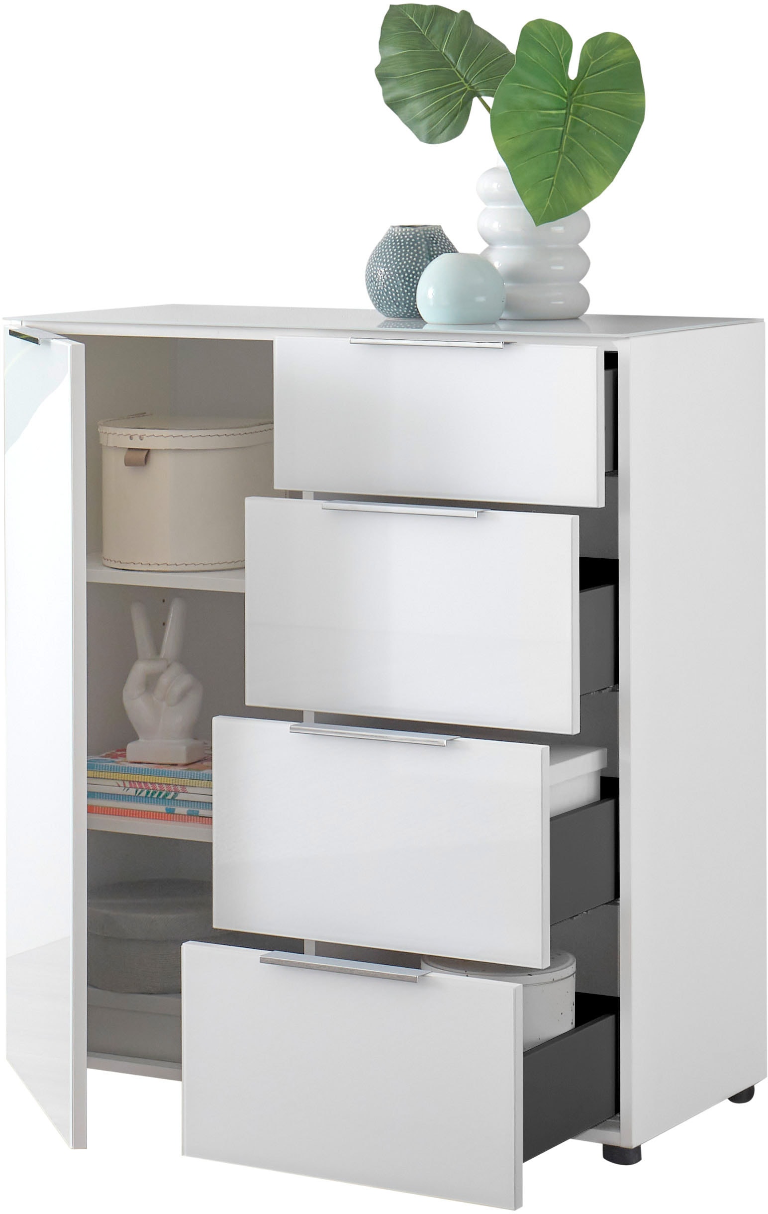 HBZ Sideboard »Santorin Mehrzweckschrank-Universalschrank, BxHxT 90x99x40 cm« 1 Stk. tlg. Mit 1 Tür und 4 Schubkästen mit Softclose, Glasfront und Glasoberboden