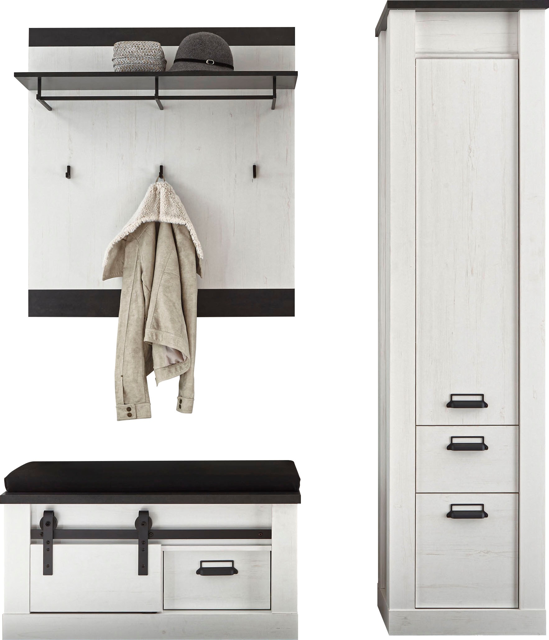 Home affaire Garderoben-Set »SHERWOOD«, (3 St.), mit Scheunentorbeschlag, Apothekergriffe aus Metall, Breite ca. 164 cm