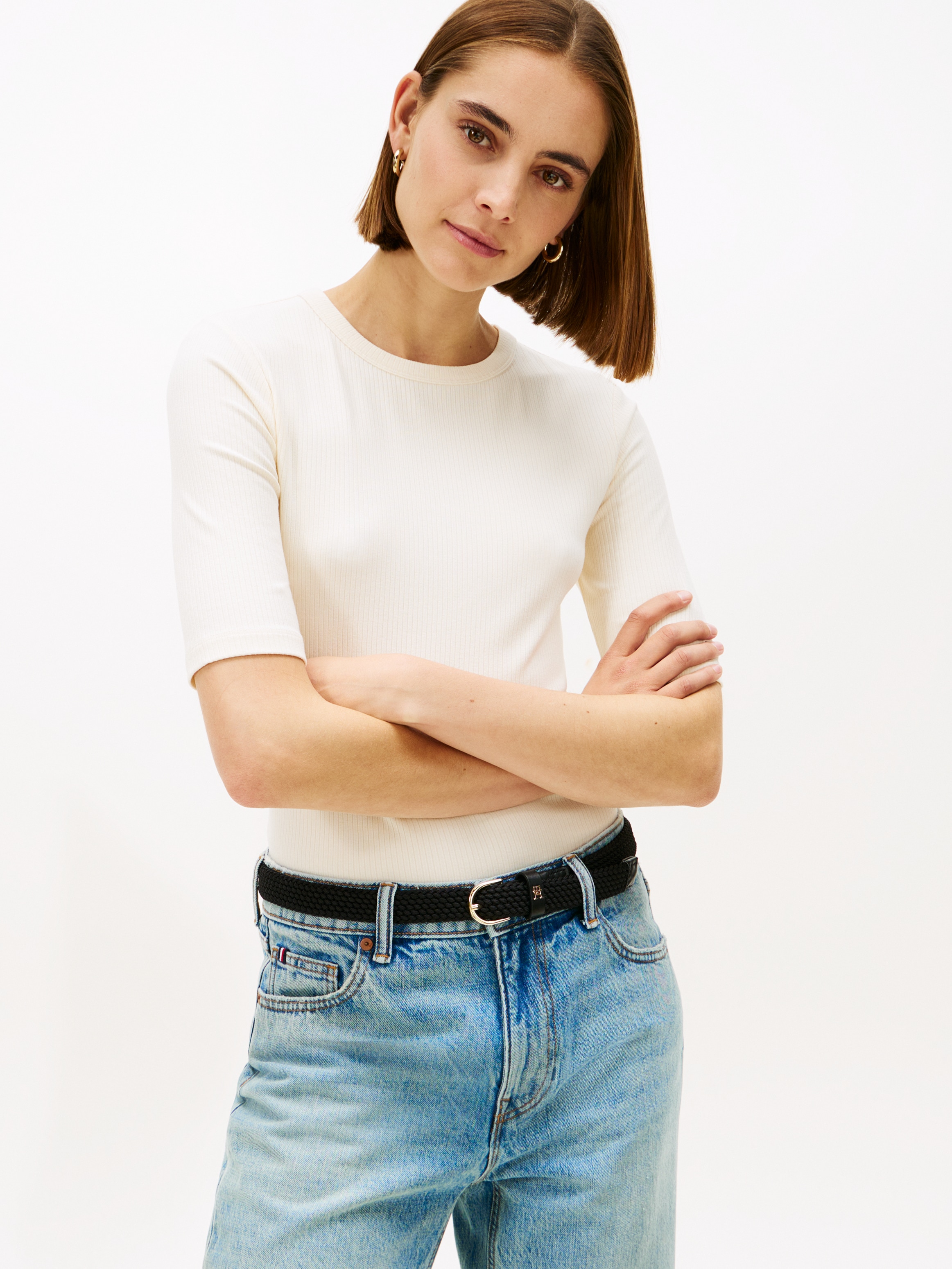 Tommy Hilfiger Kurzarmshirt »SLIM 5X2 RIB C-NK 1/2 SLV mit Rundhals und Rippstruktur« unifarben, casual, slim fit, Viskosemix, Rundhals