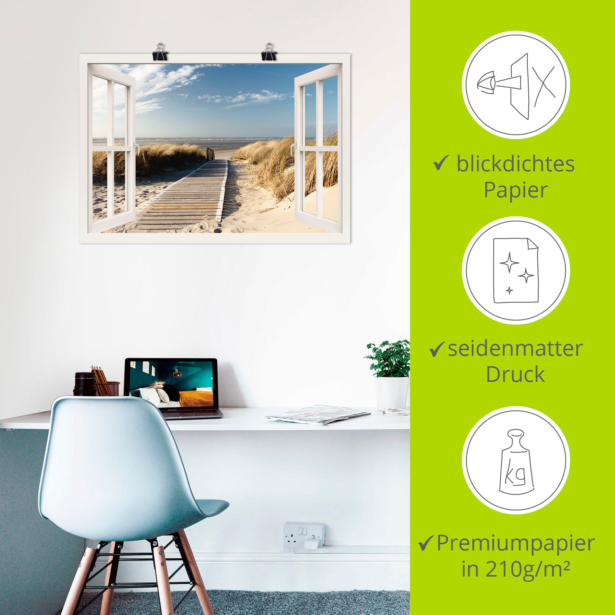 Artland Wandbild »Fensterblick Nordseestrand auf Langeoog«, Fensterblick, (1 St.), als Leinwandbild, Poster, Wandaufkleber in verschied. Größen