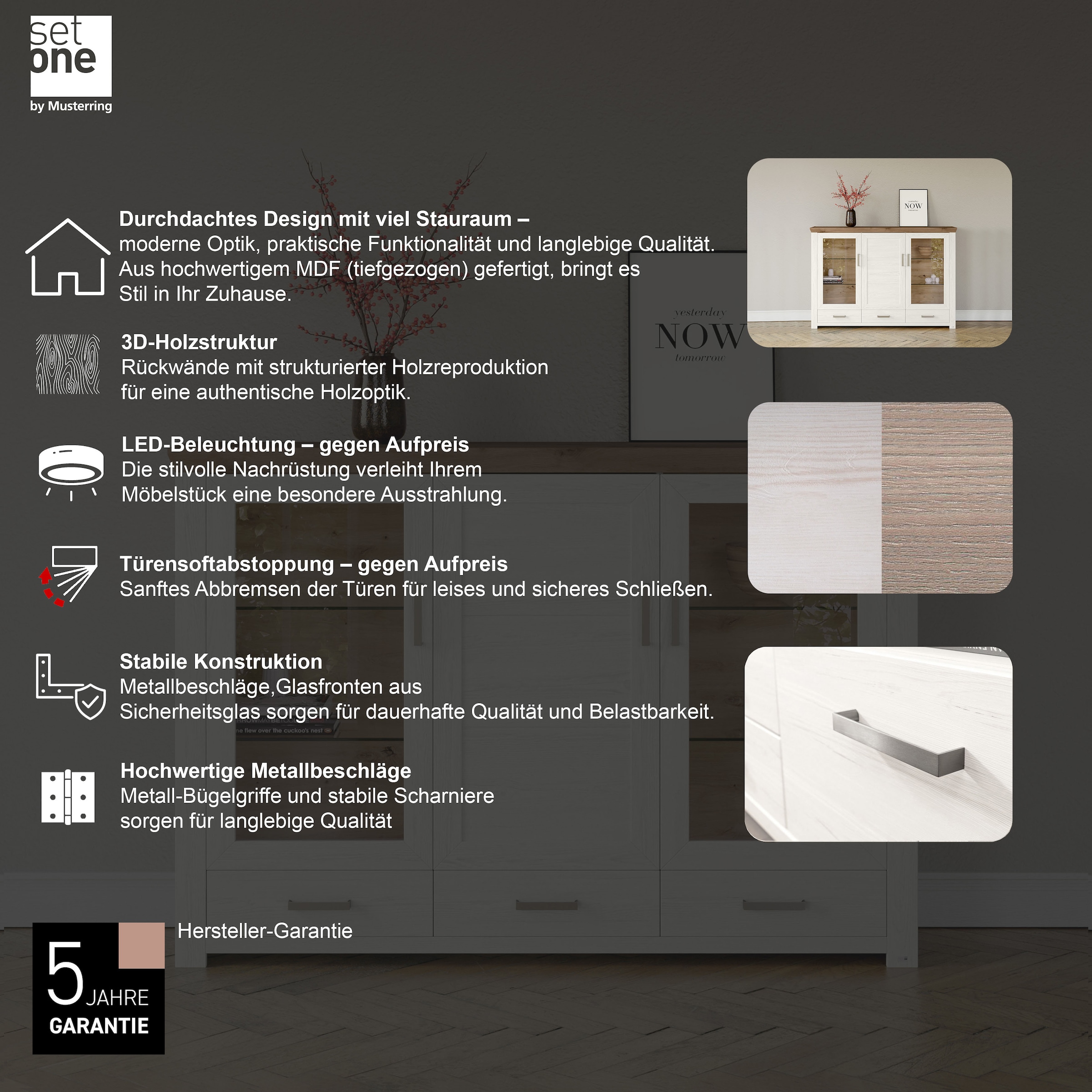 set one by Musterring Highboard »York«, Typ 57, mit Glastüren, viel Stauraum, Beleuchtung optional, B 184 cm