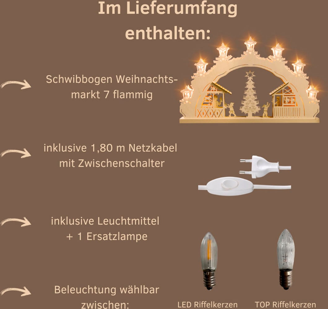 Weigla Schwibbogen »Weihnachtsmarkt, Lichterbogen aus Holz, NATUR«, Erzgebirge garantiert, Weihnachtsdeko Innen, Weihnachtsbeleuchtung