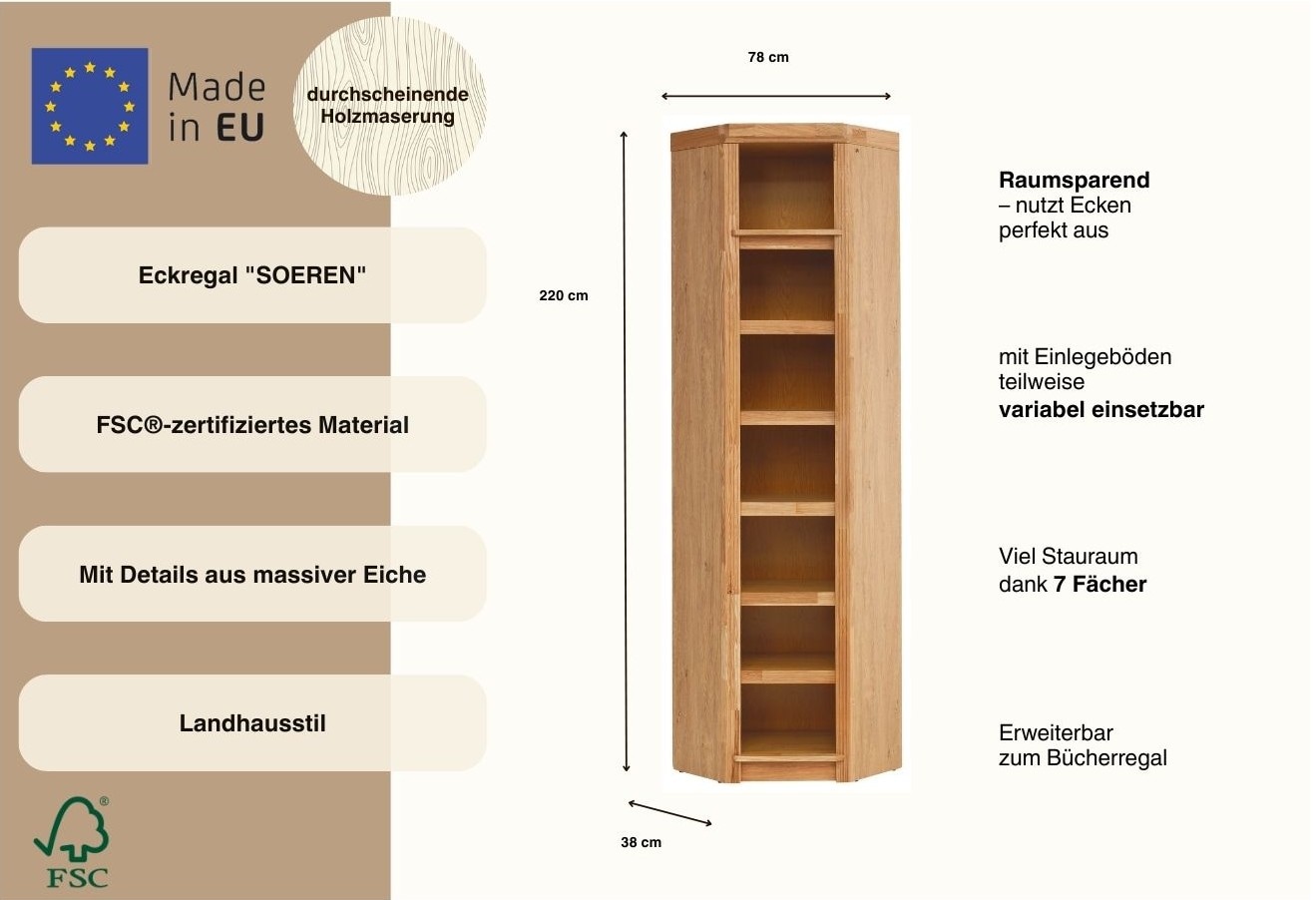 OTTO home Eckregal »Soeren Regal Höhe 220 cm, massive Kiefer, FSC®-zertifiziert« passend für Regale Soeren mit einer Tiefe von 29 cm