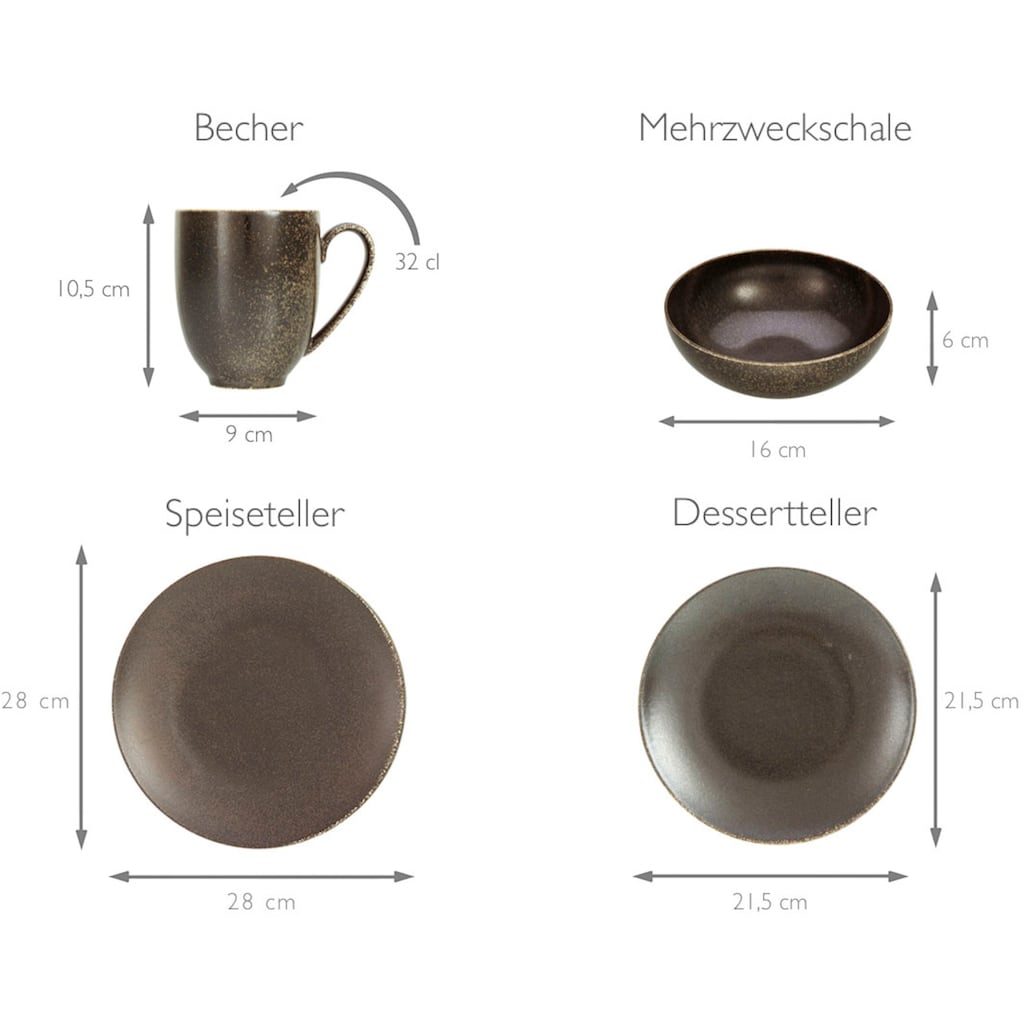 CreaTable Kombiservice »Geschirr-Set Rusty«, (Set, 16 tlg., Kaffeeservice und Tafelservice im Set, für 4 Personen)