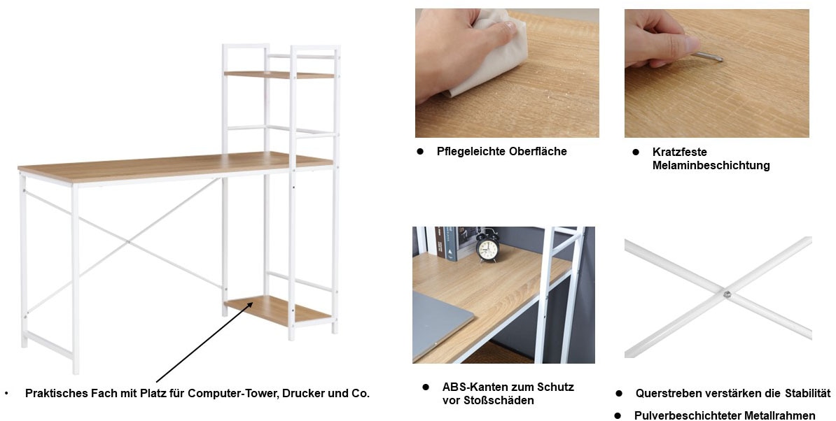 INOSIGN Regal-Schreibtisch »Lonas, Computertisch, Nähtisch mit Metallgestell,«, Regal links/rechts montierbar, Breite 120 cm, Arbeitshöhe 72,5 cm