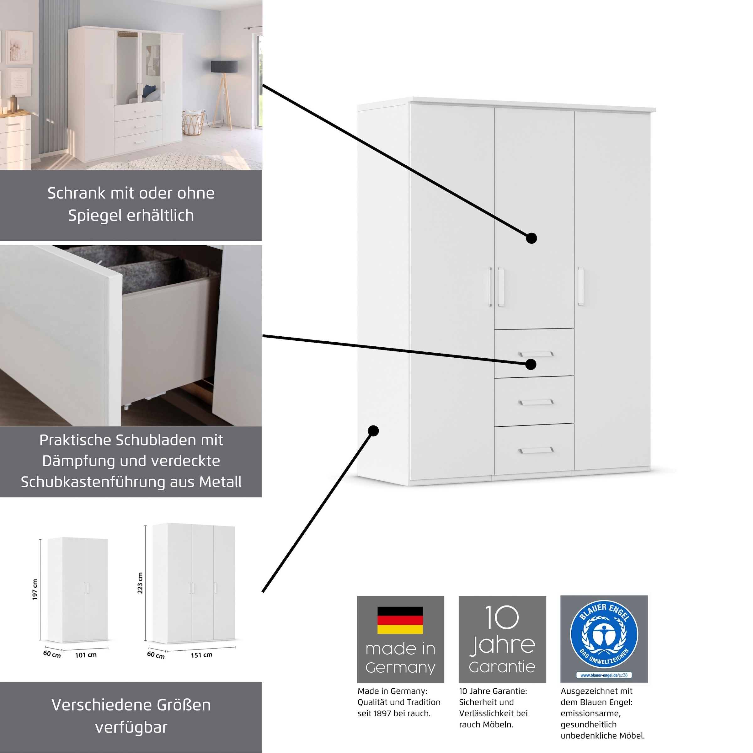 rauch Drehtürenschrank »Kleiderschrank Schrank Garderobe Schlafzimmerschrank EVELYN«, (in 2 Höhen 197 oder 210 cm erhältlich), in elegantem Stil mit Schubladen 3 Breiten und 2 Höhen MADE IN GERMANY