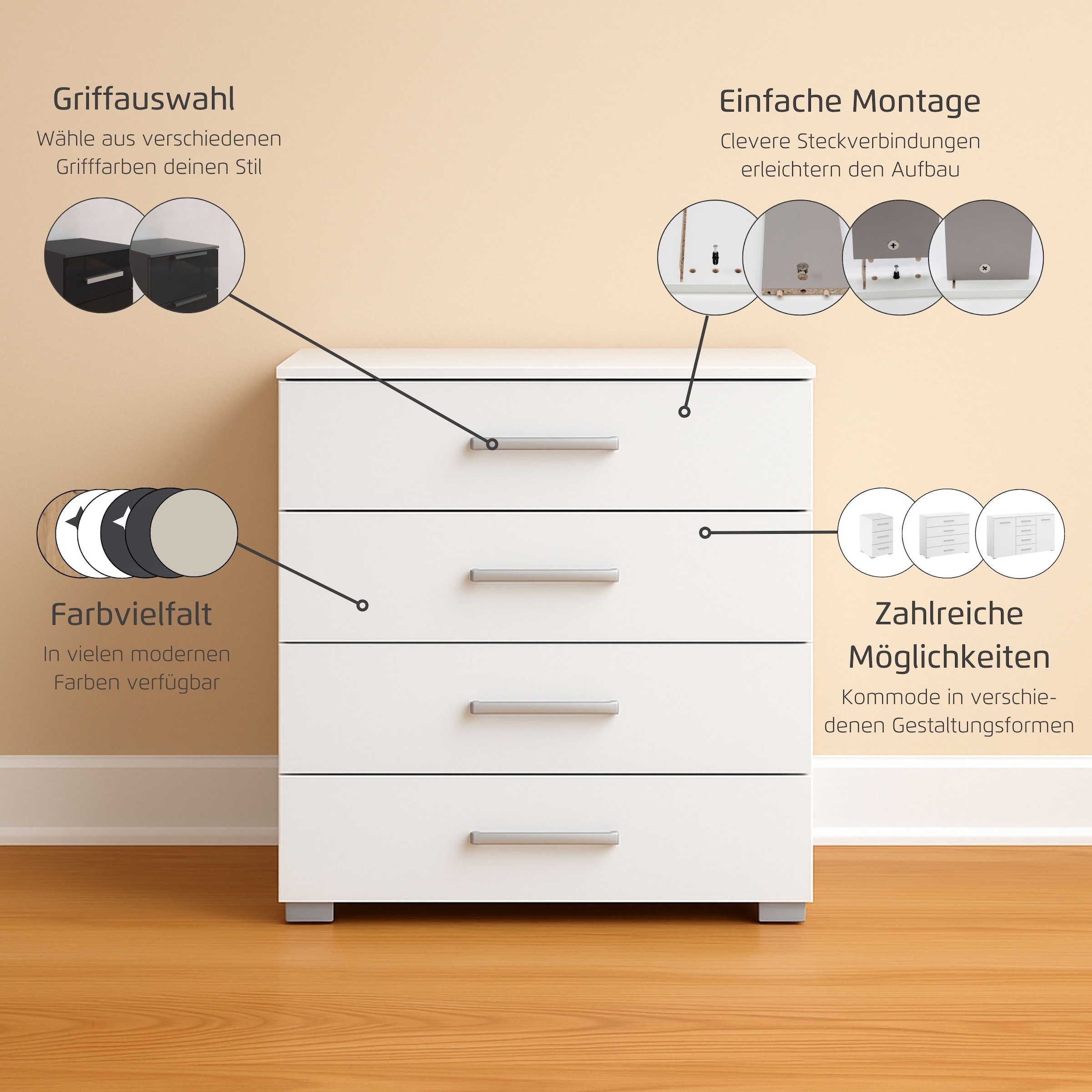 rauch Schubkastenkommode »Sideboard Kommode Schubkastenkommode KOLUNA mit Glasfront«, (Breite 80 cm), Breite 93 cm mit 4 großen Schubladen für viel Stauraum MADE IN GERMANY