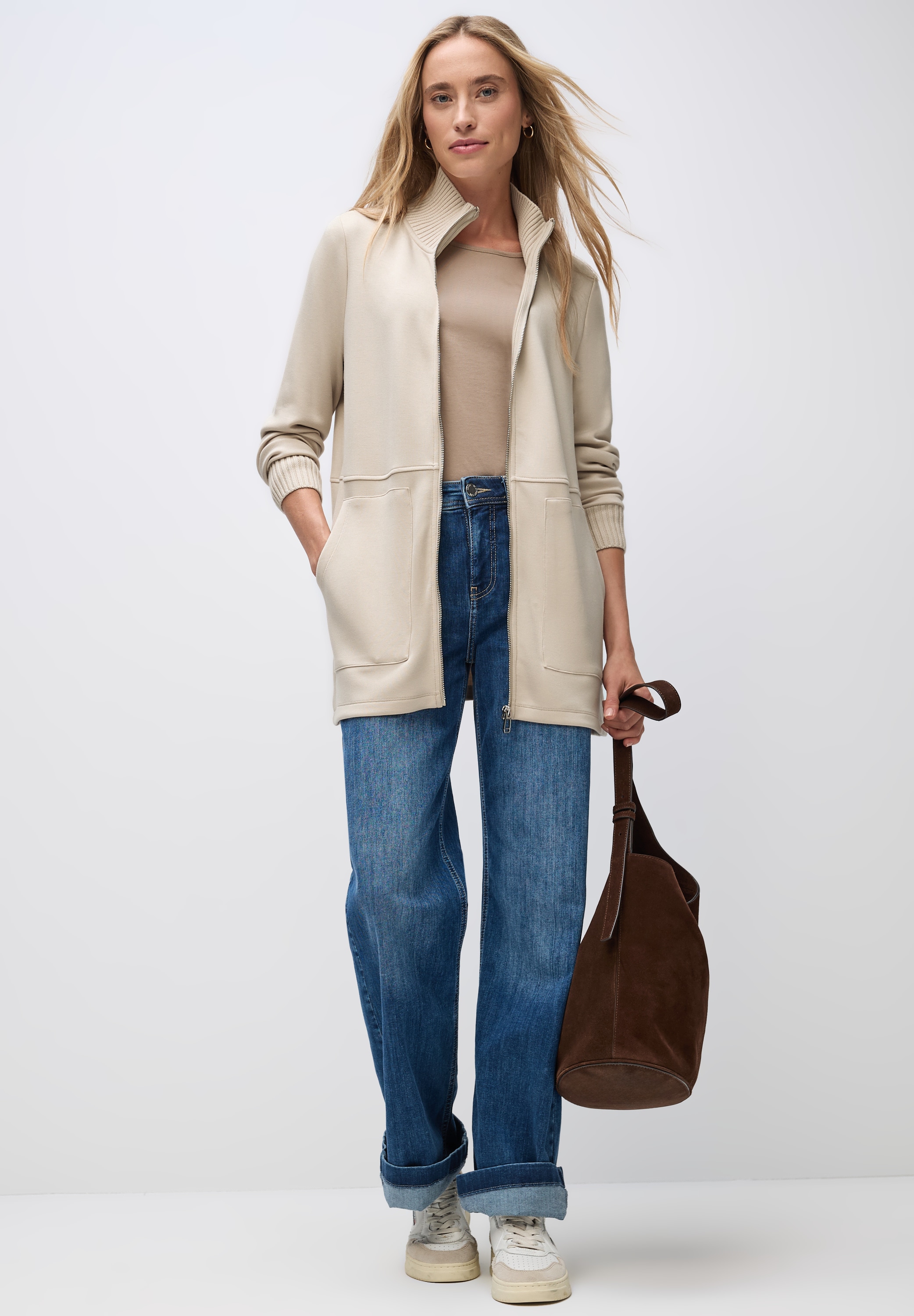 STREET ONE Sweatjacke mit Strickdetails und Stehkragen