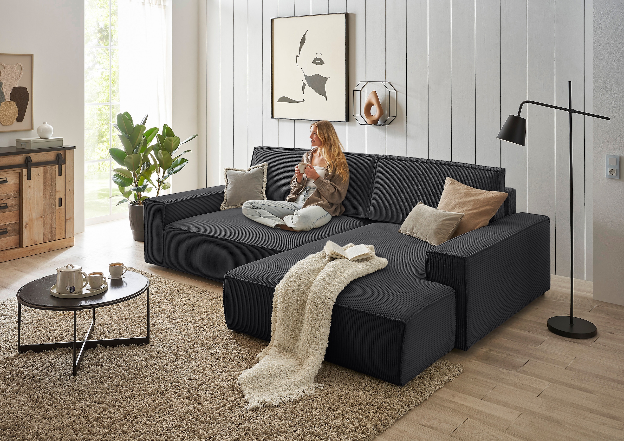 Home affaire Ecksofa »NEU: SHERWOOD XXL 284, Big-Sofa L-Form, tiefe Sitzfläche 95 cm, Cord« Recamiere rechts/links, als Schlafsofa stellbar, Cord u. Leinenoptik
