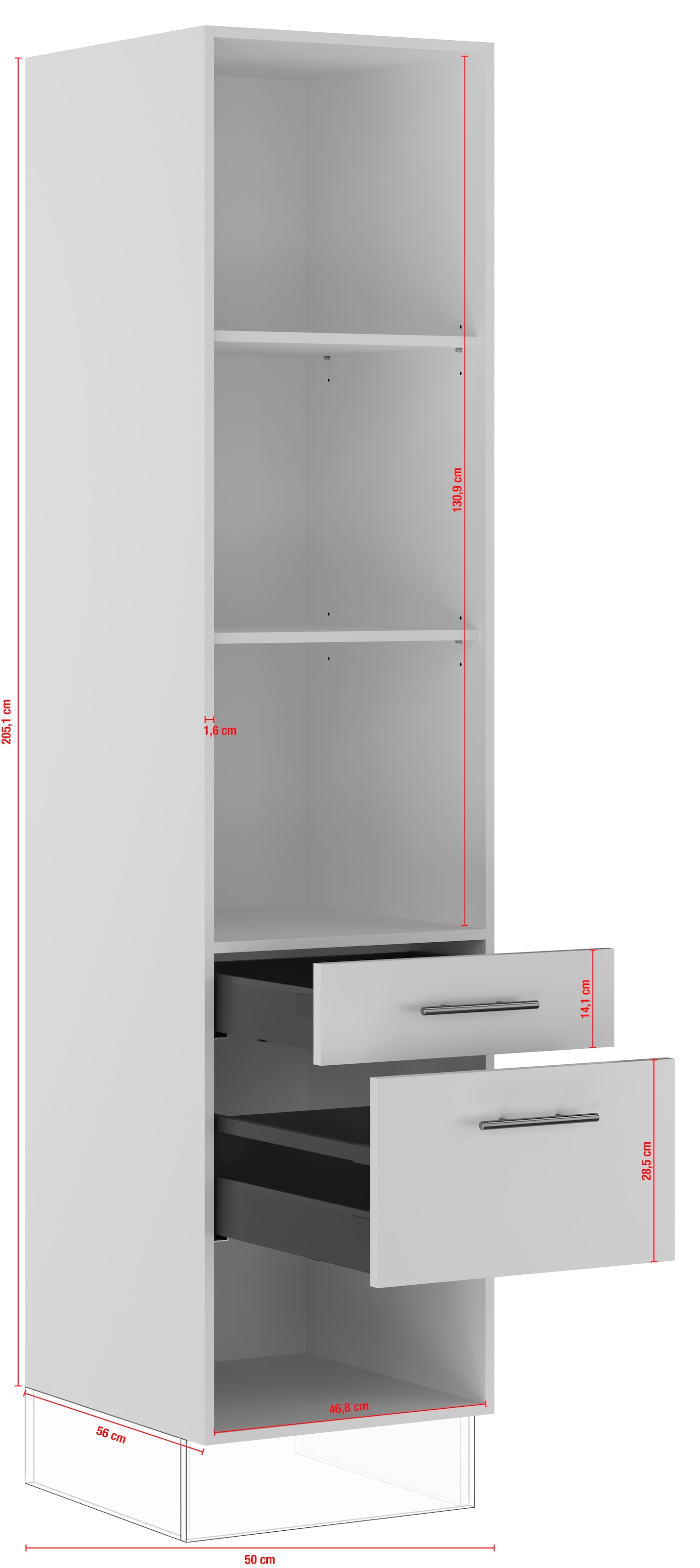 IMPULS KÜCHEN Seitenschrank »"Prag", Breite/Höhe: 50/205,1 cm, mit Soft-Close«, vormontiert, mit Schubkasten, mit Auszug, mit verstellbaren Fachböden