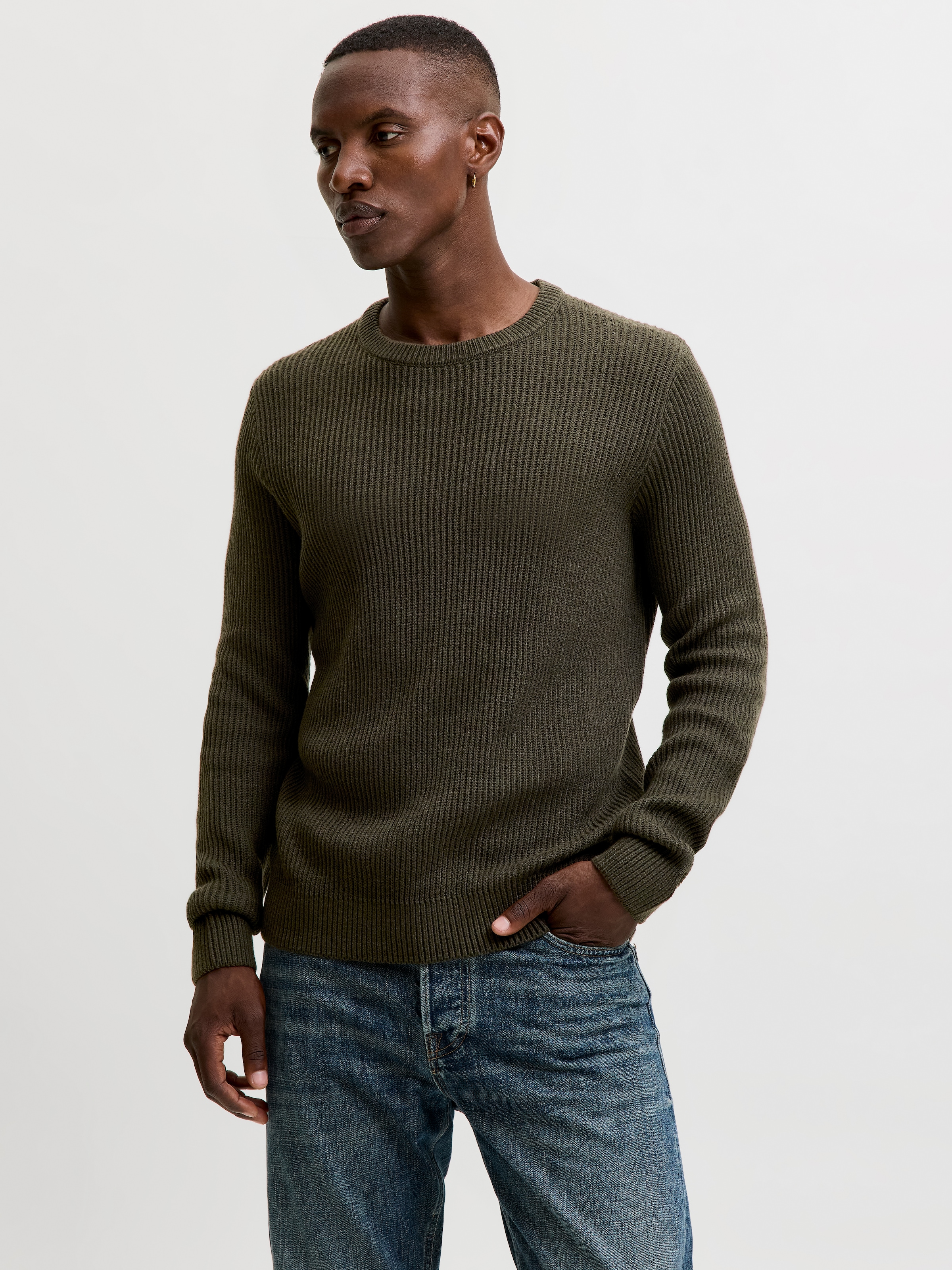 Jack & Jones Rundhalspullover »JJPANNEL KNIT CREW NECK AW26« Materialmix, regular fit