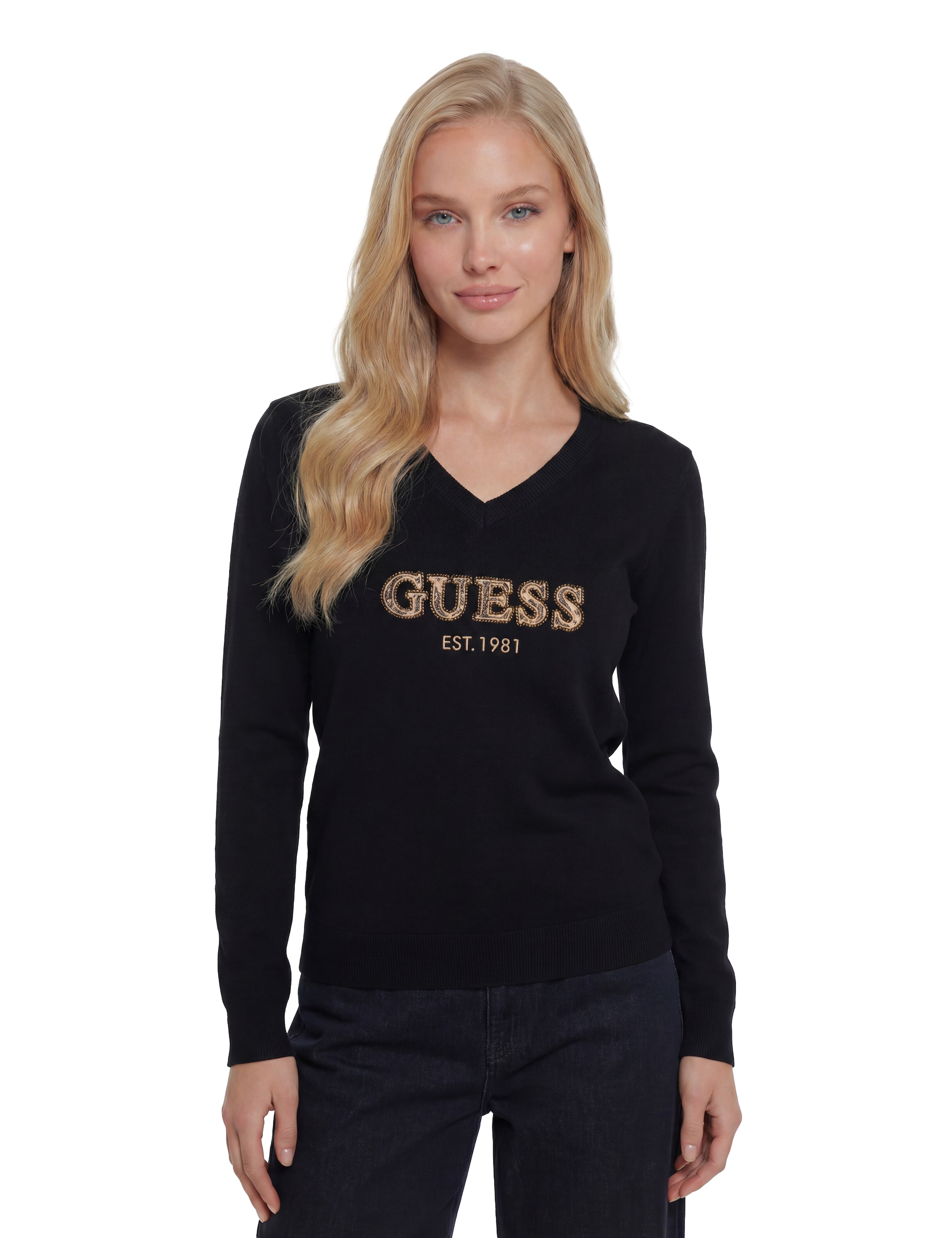 Guess V-Ausschnitt-Pullover »LS VN HANNAH LOGO SWTR« aus Viskosemix, Logoschriftzug