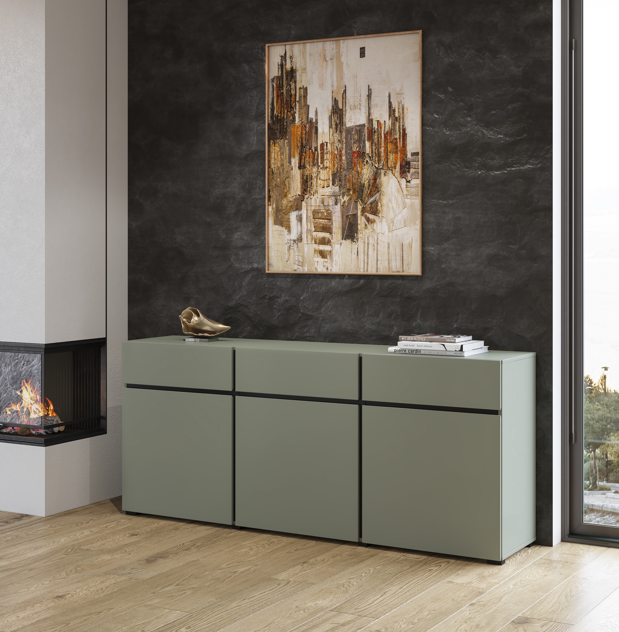 INOSIGN Sideboard »Cross,Breite 180 cm, moderne grifflose Kommode,3 Türen/3 Schubkästen«, Schubladenschrank mit viel Stauraum, Einlegeböden verstellbar