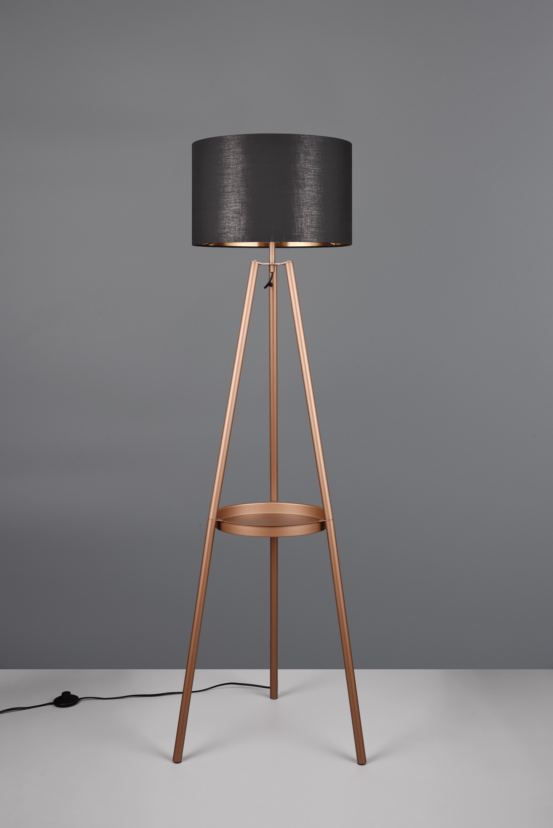 REALITY Leuchten Stehlampe »COLETTE, Stehleuchte Dreibein mit Ablagefläche exkl 1xE27 max 60W«, 1 flammig, Leuchtmittel E27 | Leuchtmittel wechselbar, Stehleuchte Ø 57cm mit Fußschalter moderne Farbkombination innen gold