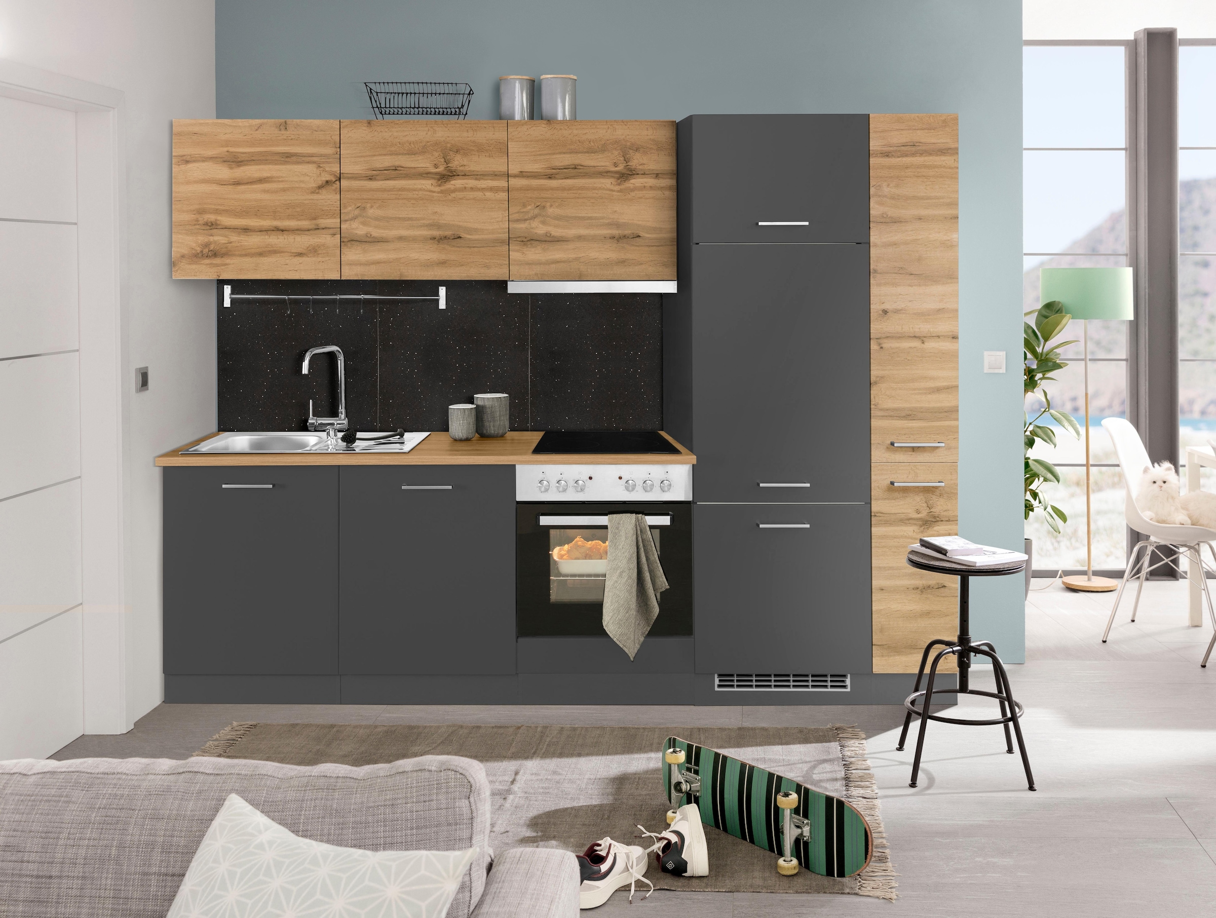 KOCHSTATION Küchenzeile »KS-Kehl«, mit E-Geräten, Breite 270 cm, inkl. Kühlschrank