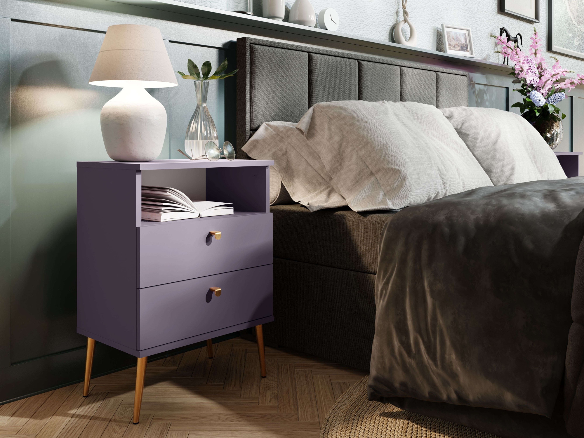 INOSIGN Nachttisch »Elyria, Metallgriffe, FSC-zertifizierter Holzwerkstoff«, (Nachtkommode B/T/H 50/34/69cm), mit 2 Schubladen, 1 offenes Fach, viele Farben mit goldfb. Details