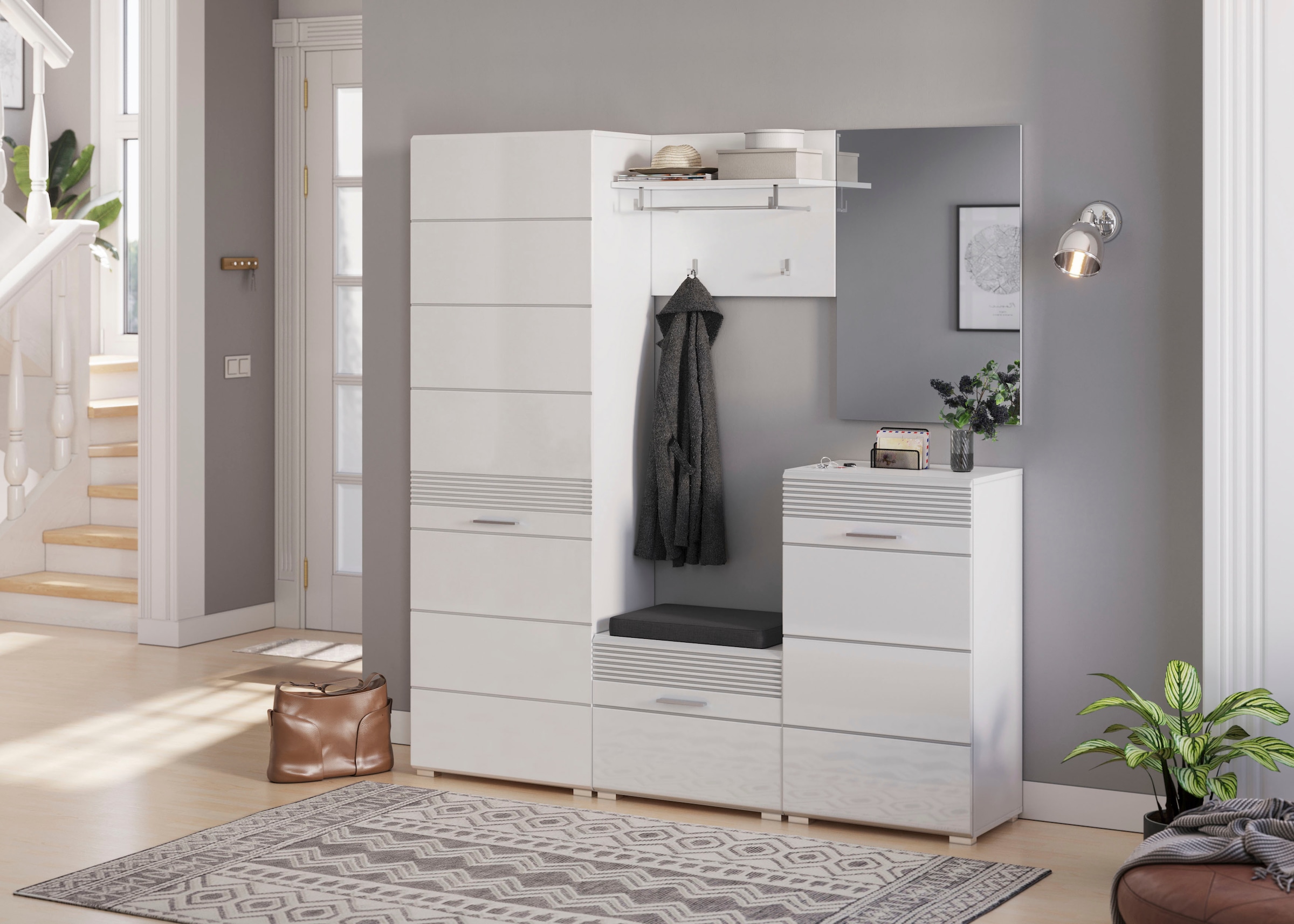 INOSIGN Garderoben-Set »Malmö, Breite 170cm, MDF Front mit Rillenfräsung, 5-teilig, best. aus:«, (5 St.), Garderobenschrank, Sitzbank, Garderobenpaneel, Schuhkommode & Spiegel