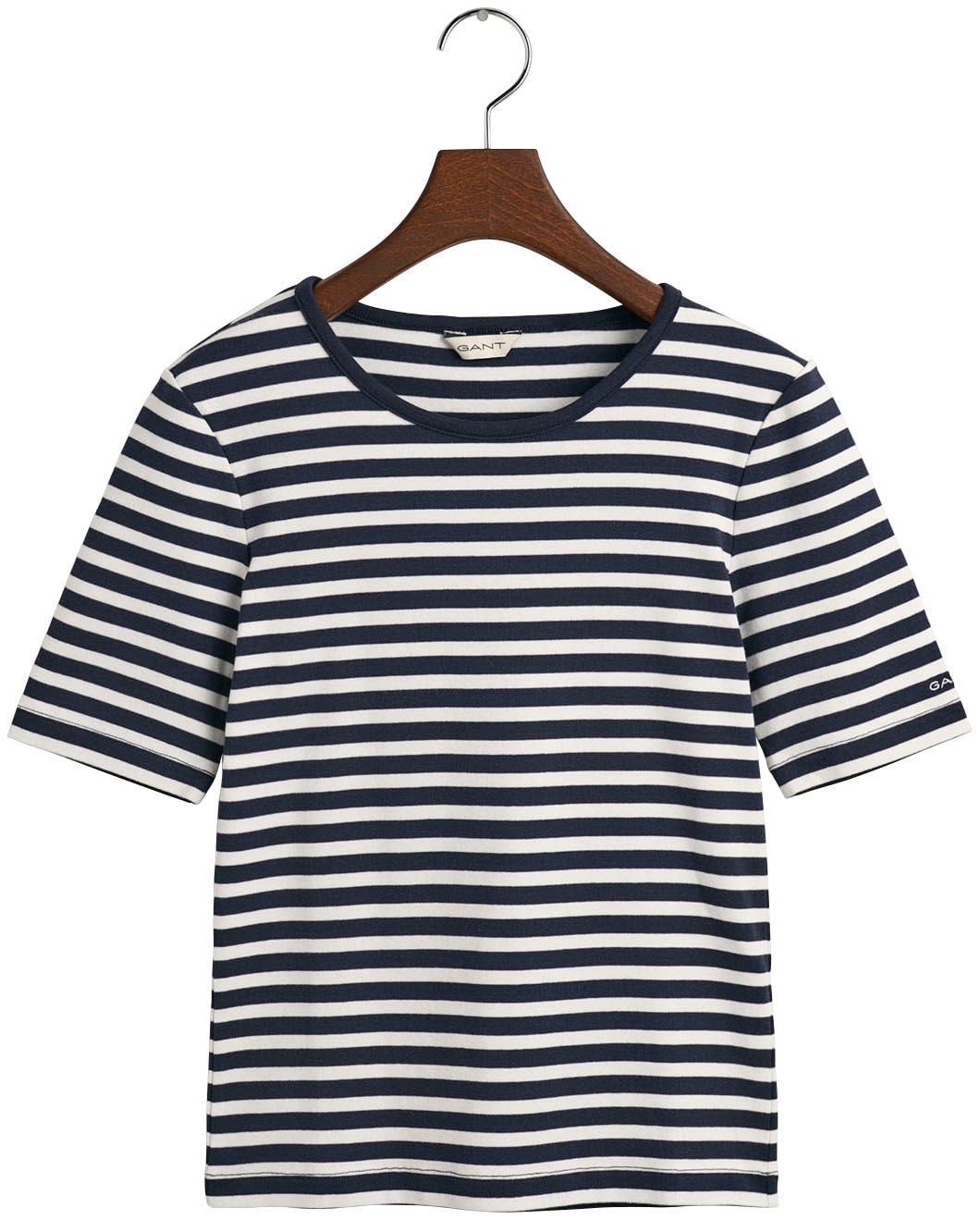 T-Shirt »SLIM STRIPED 1X1 RIBBED KA T-SHIRT«, mit dezentem Logoschriftzug am...