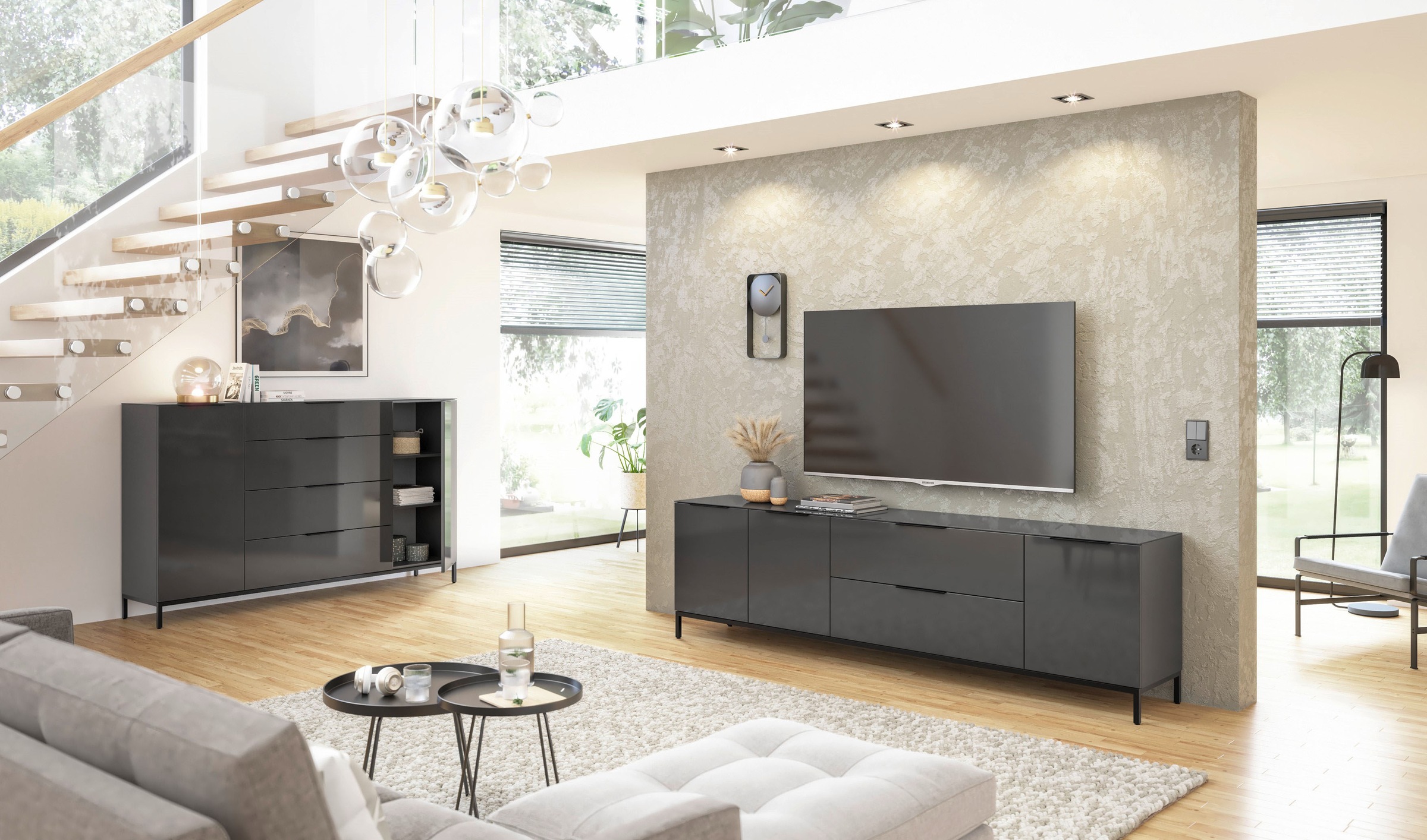 Manjana Möbel Lowboard »mit Chrom oder Schwarz matten Metallgriffen« mit Glasfronten, melaminbeschichtete Oberfläche, Made in Germany