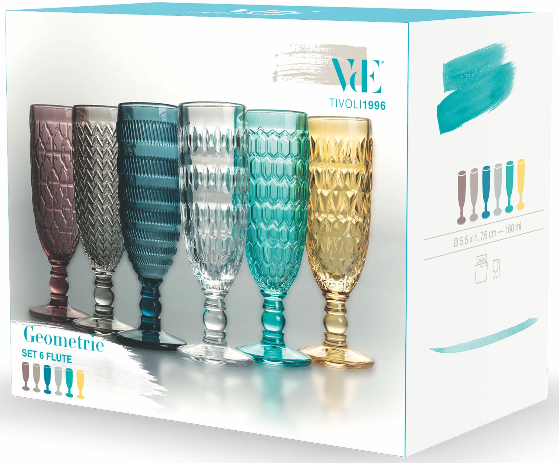 Villa d'Este Sektglas »Geometrie«, (Set, 6 tlg.), Gläser-Set, Sektflöten, 6-teilig, Inhalt 160 ml