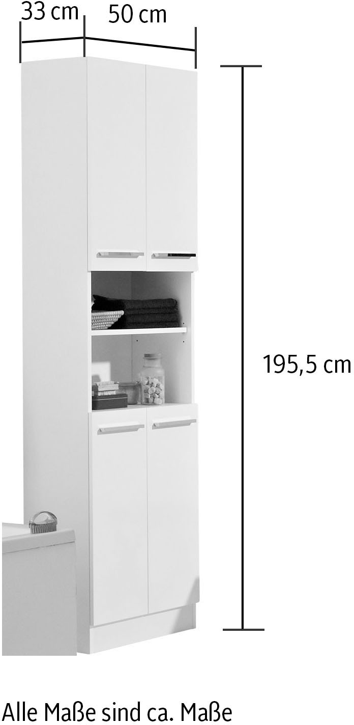 Saphir Hochschrank »Quickset 335 Badschrank 50 cm breit, 4 Türen, 1 Nische, 3 Einlegeböden«, Badezimmer-Hochschrank, Weiß Glanz, Griffe in Chrom glänzend