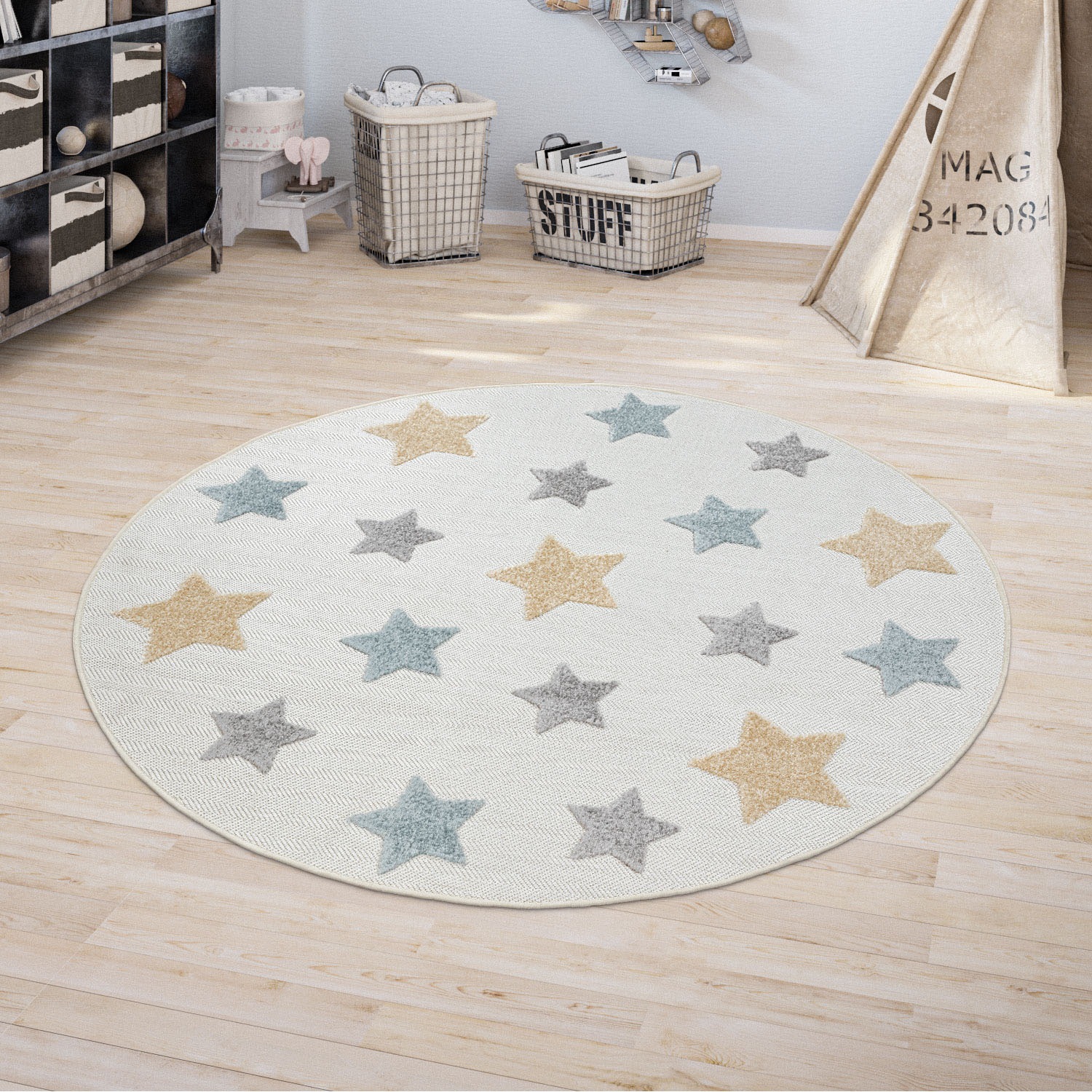 Paco Home Kinderteppich »Tweet 463«, rund, 12 mm Höhe, Flachgewebe, Hoch-Tief-Effekt, Motiv Sterne, In- und Outdoor geeignet