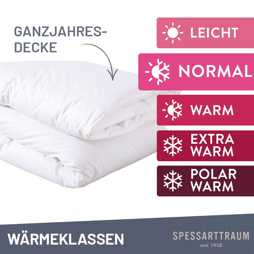 SPESSARTTRAUM Daunenbettdecke »First Class«, normal, Füllung 90% Daunen / 10% Federn, Klasse 1, Downpass zertifiziert, Bezug 100% Baumwolle, Made in Green, Hausstauballergiker geeignet, (1 St.), 5 Wärmeklassen & 6 Größen, Bestseller