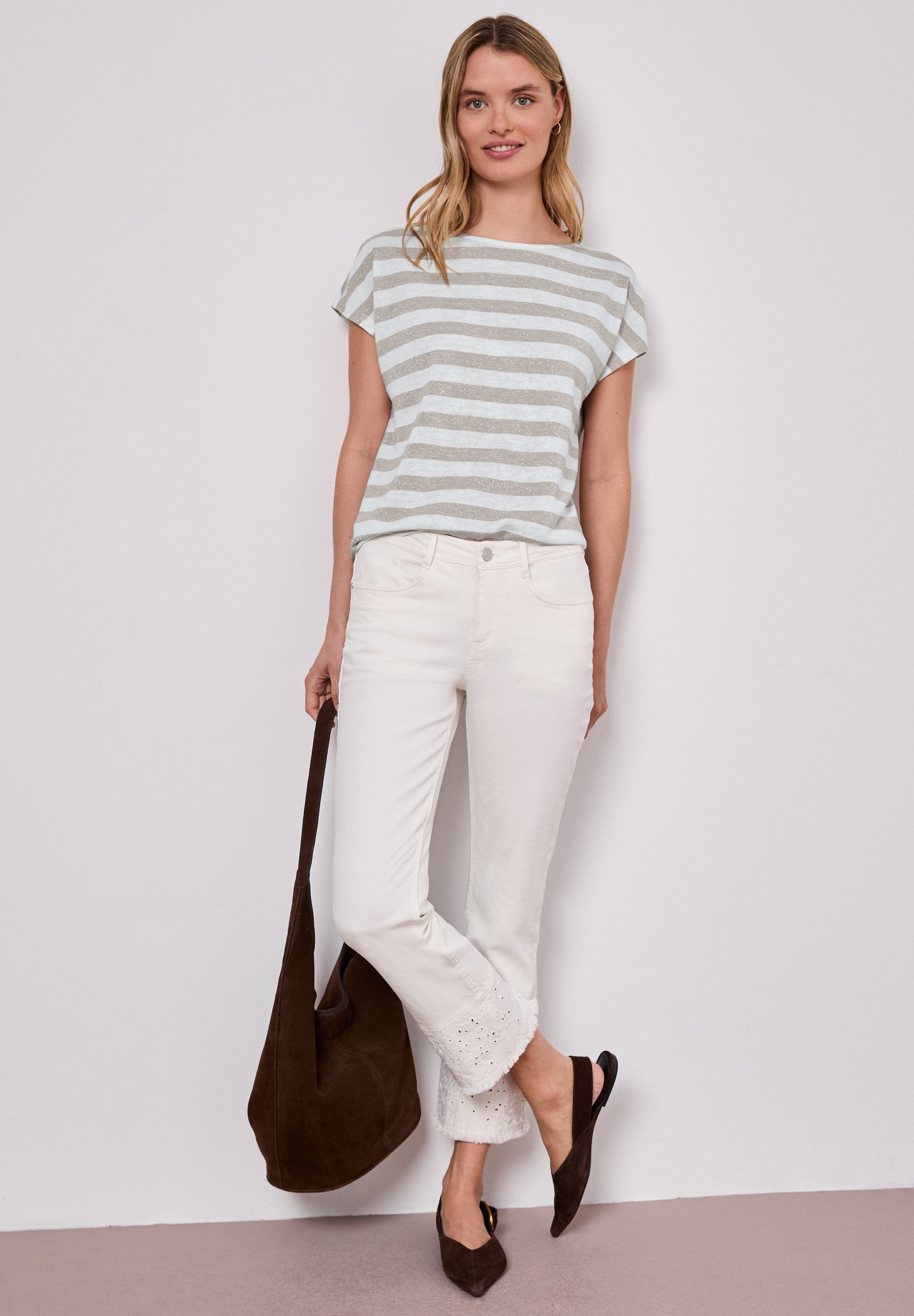 STREET ONE Shirttop Streifenmuster mit Glitzerdetails, seitliche Schlitze