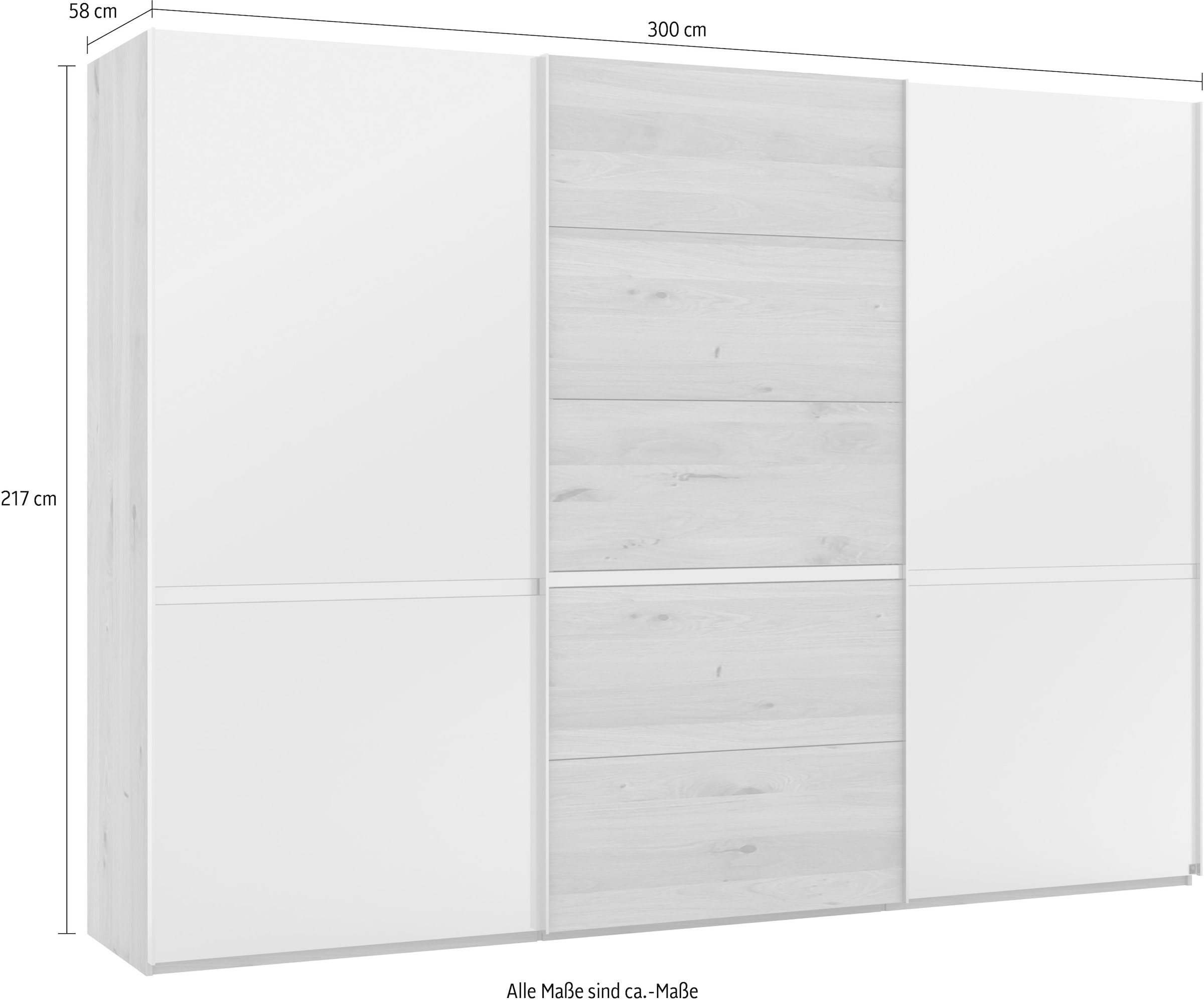 Musterring Schwebetürenschrank »Savona, Kleiderschrank, Schrank, Garderobe, mit Schiebetüren«, (Teilmassiv Bianco-Eiche, mit Spiegel oder Glas, MADE IN GERMANY), Türen Bianco-Eiche massiv, Spiegel-/Glastüren, eingelegte Chromleiste