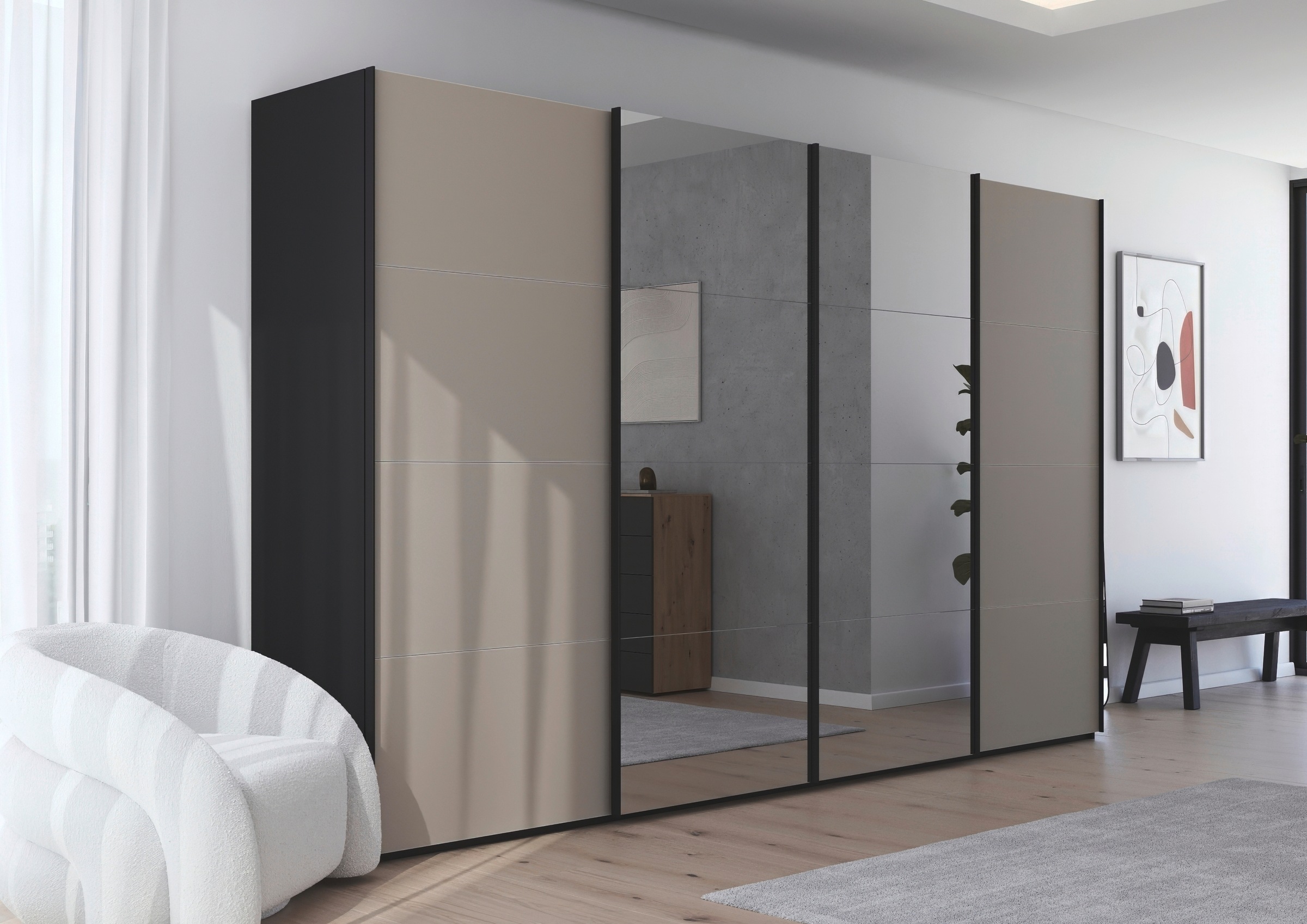 rauch Schwebetürenschrank »Kleiderschrank Schrank Garderobe Schlafzimmerschrank SCALE-FYRA«, edle viergeteilte Türen Spiegel/Glas-Mix viele Farben MADE IN GERMANY