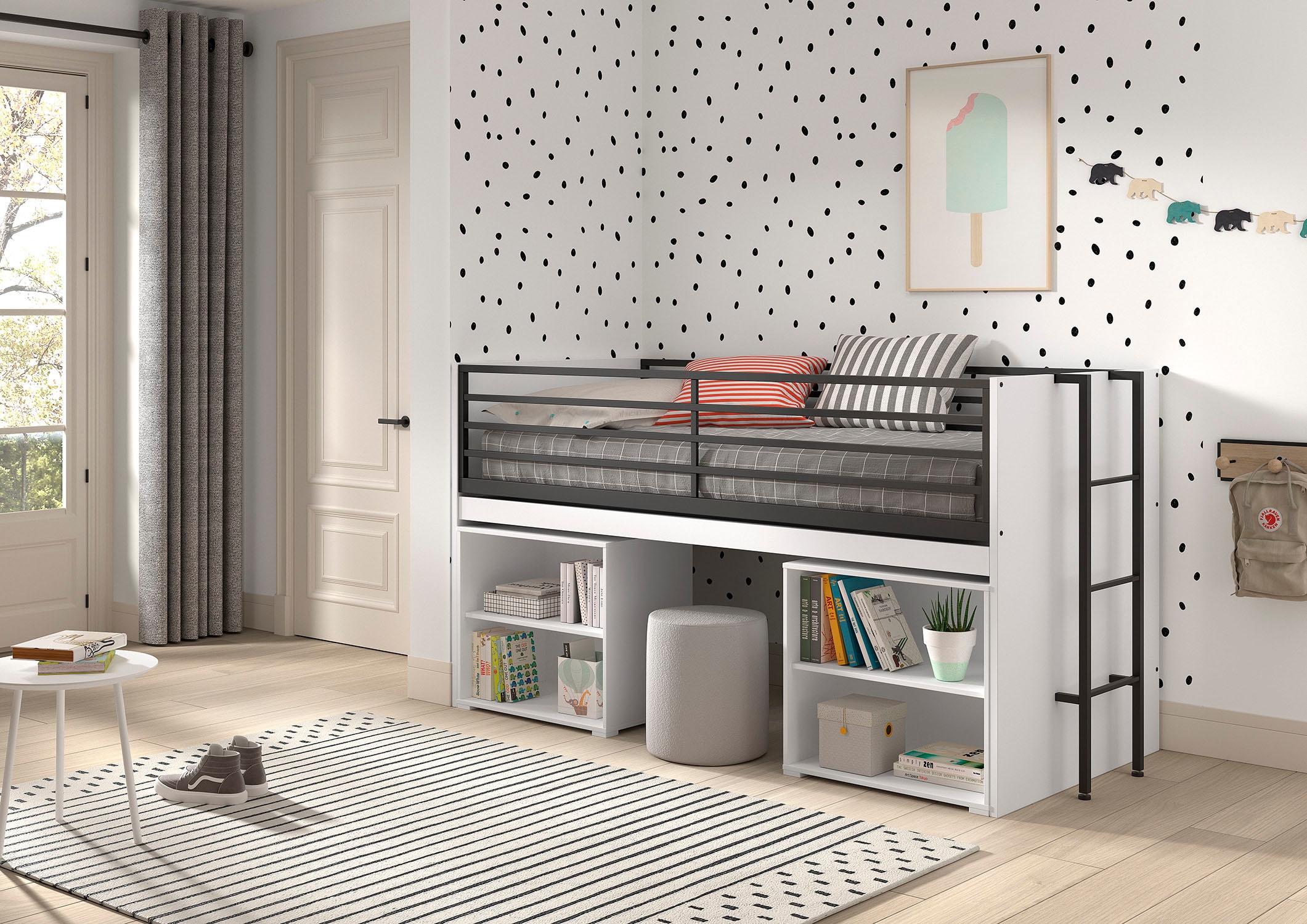 Vipack Stauraumbett »Sam, schlafen und arbeiten in einem, wahlweise Eiche- oder Weiß-Dekor« Liegefläche 90x200 cm, darunter eine große ausziehbare Schreibplatte,  mit Absturzschutz, Leiter u. 2 Regale, pflegeleichte Dekor Oberfläche