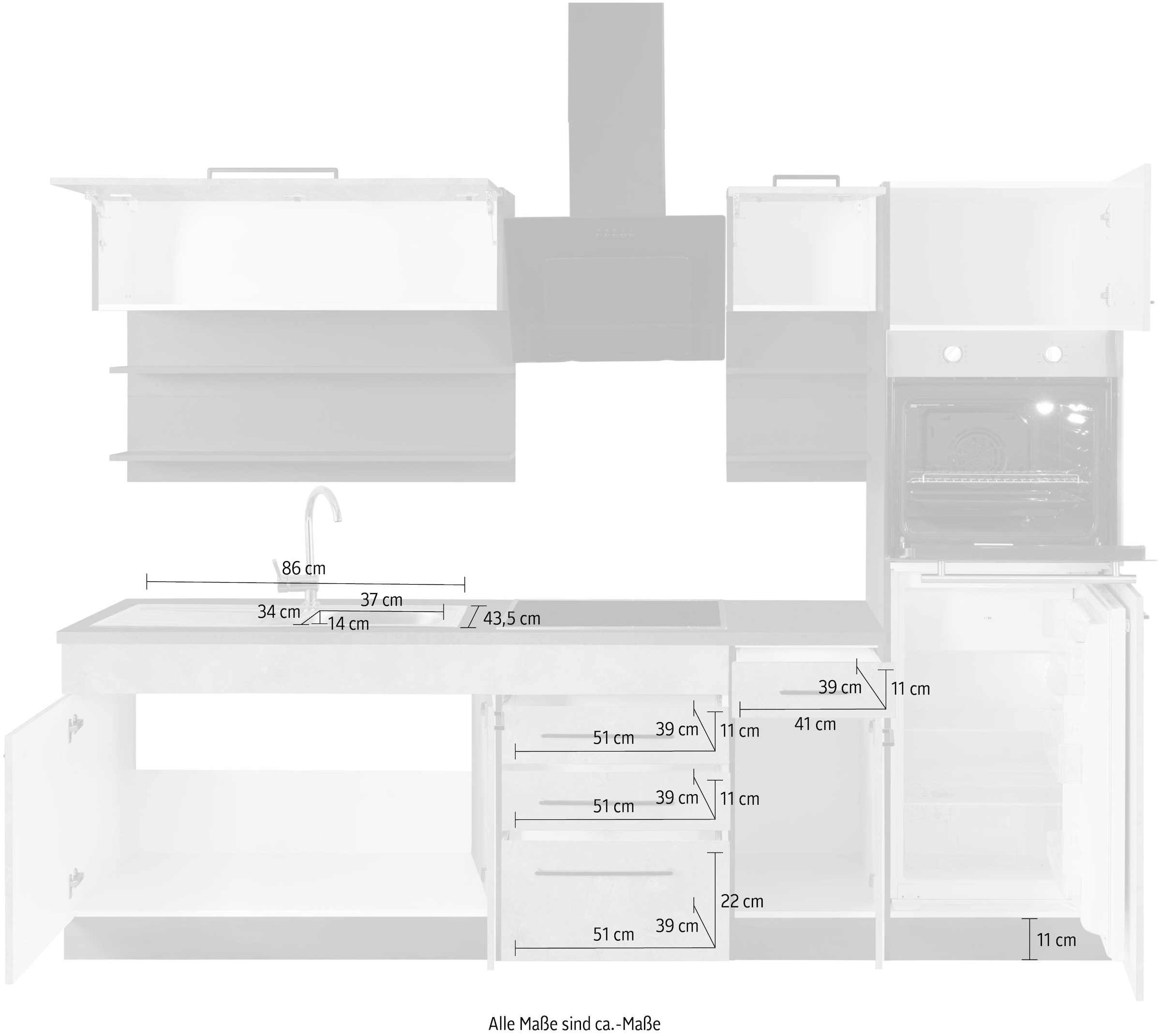 KOCHSTATION Küchenzeile »KS-Tulsa«, mit E-Geräten, Breite 270 cm, schwarze Metallgriffe, MDF Fronten