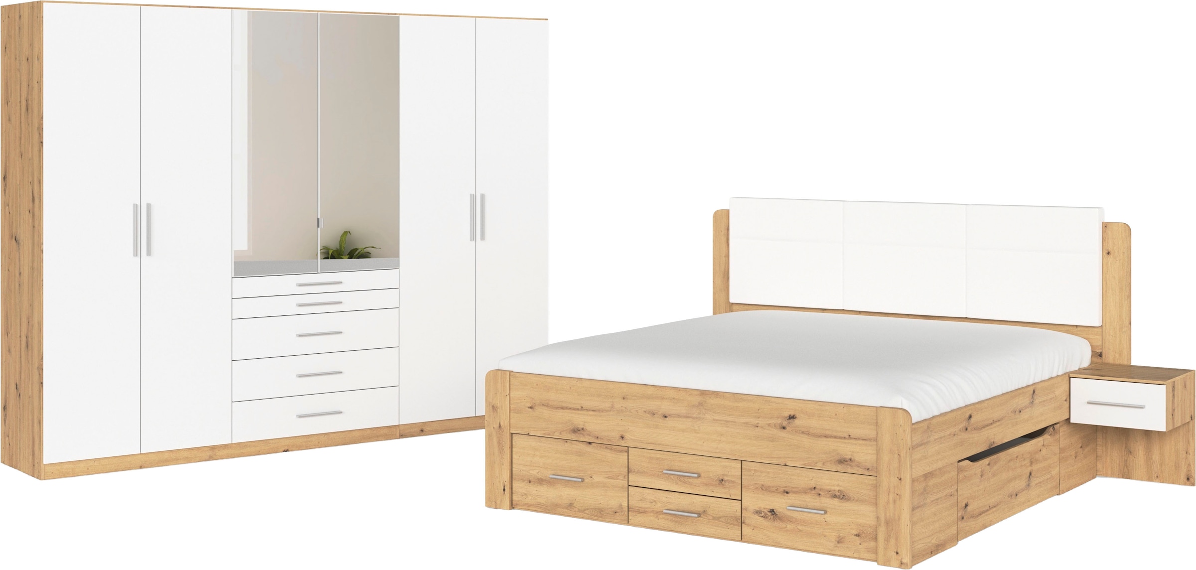 rauch Schlafzimmer-Set »Komplettschlafzimmer Schlafzimmer Stauraumbett MADE IN GERMANY« Set, Liegefläche 180x200, Schrank Maße B/H/T: 271/210/54 cm, 4 tlg. tlg. Schrank mit 5 Schubladen, Bettanlage mit 8 Schubladen MADE IN GERMANY