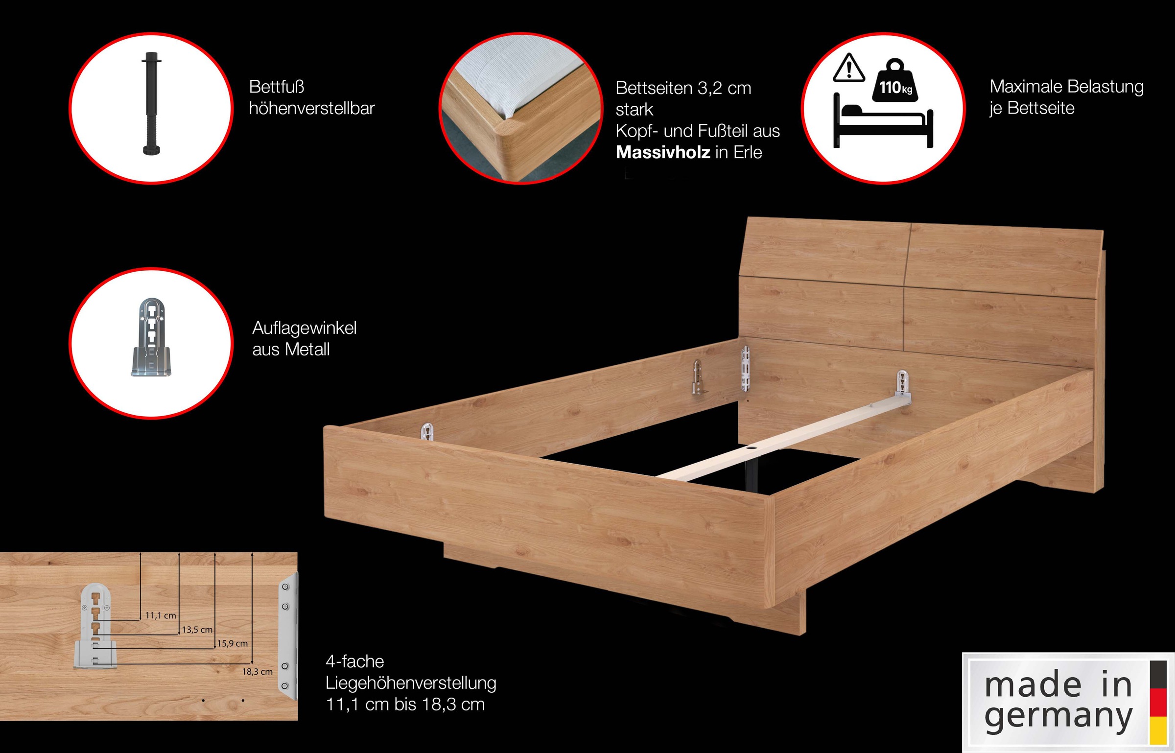 WIEMANN Holzbett »Cardiff, Bettgestell, Bettrahmen, teilmassiv Erle« Belastbarkeit 110/220 Kg, 4-fache höhenverstellbar, MADE IN GERMANY,  Kopf- und Fußteil aus Massivholz in Erle, verschiedene Größen