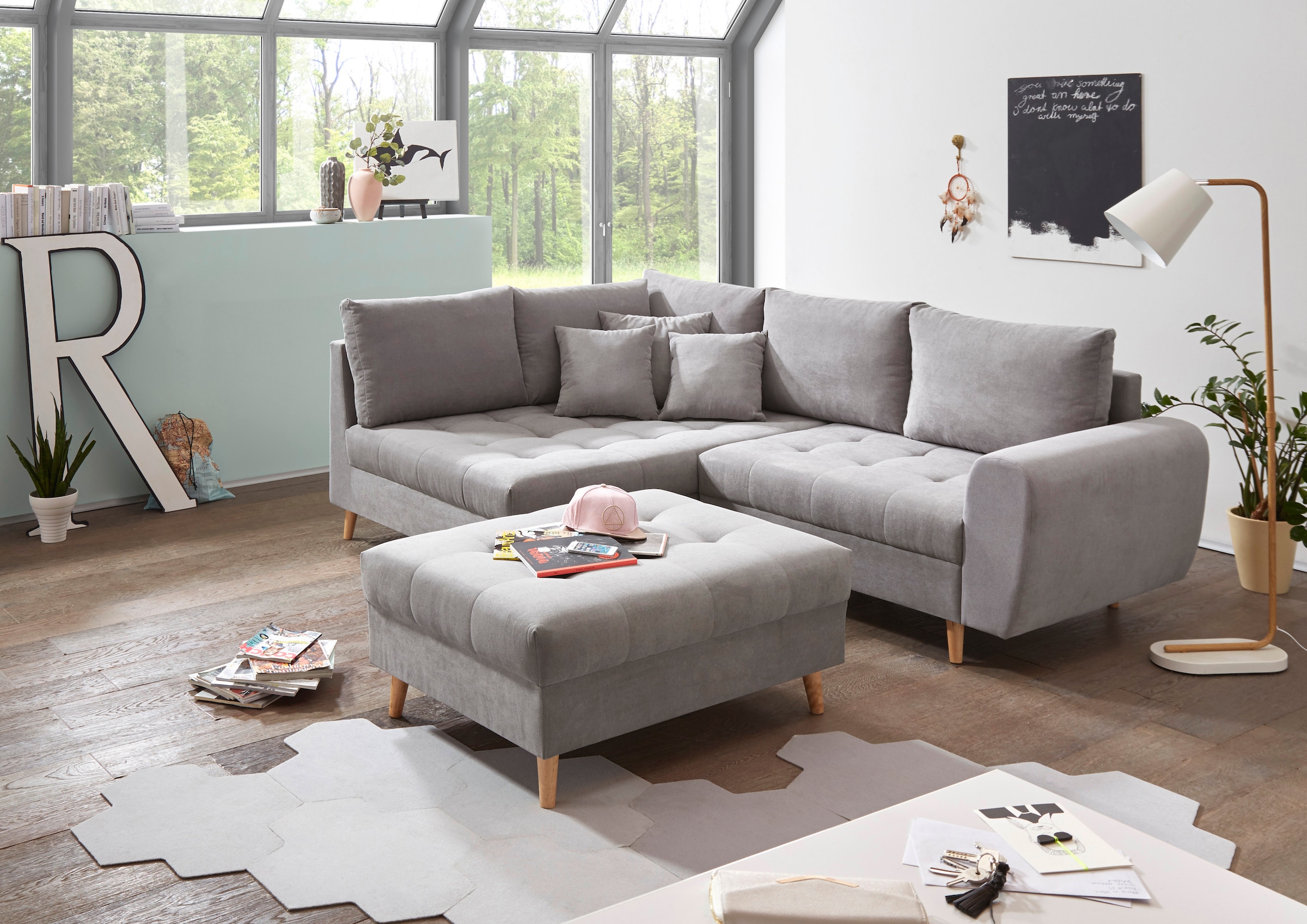 ED EXCITING DESIGN Ecksofa »Alice L-Form«, (Set), mit Hocker, Rückenkissen, Zierkissen, frei im Raum stellbar