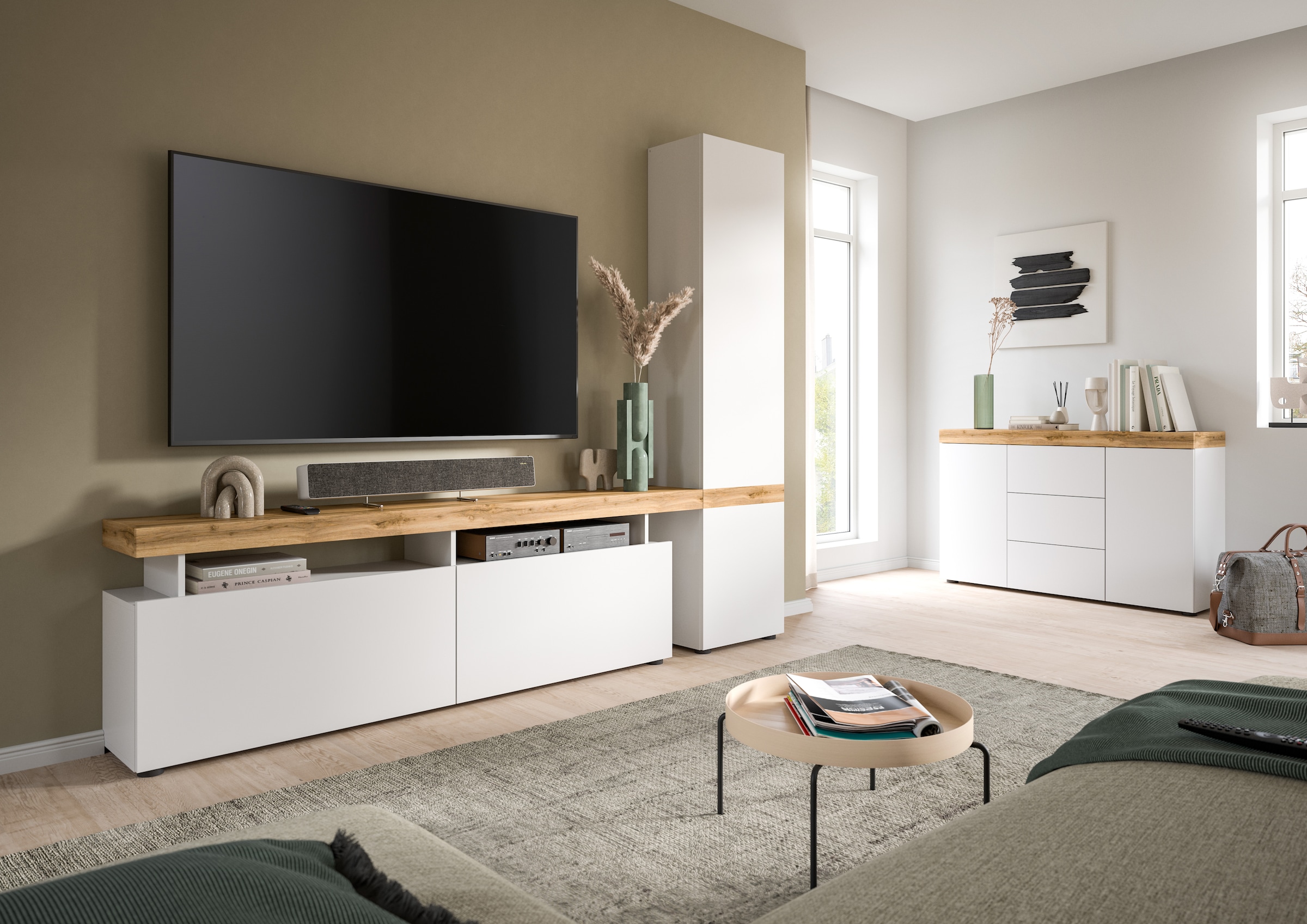 INOSIGN Wohnwand »Mambo, Breite 235cm, 2-farbig, grifflose Fronten, Tür mit push to open«, (2 St.), bestehend aus: Lowboard und Hochschrank, Mediawand, TV-Wand, TV-Möbel