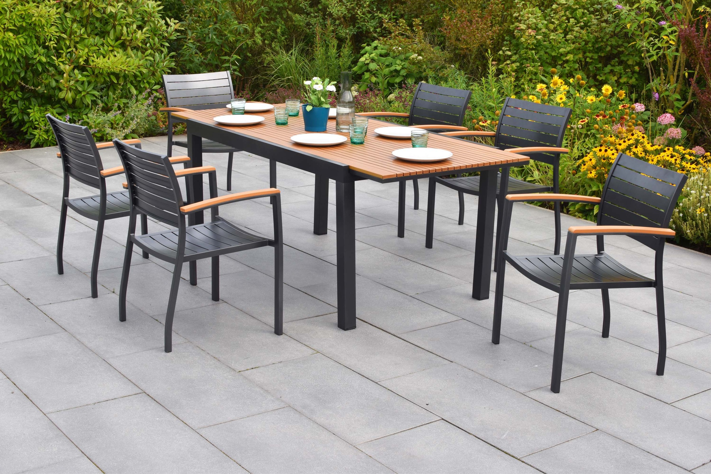 MERXX Garten-Essgruppe »Astros« Set, 13 tlg. inkl. 6 Stapelsessel, 6 Auflagen, 1 Ausziehtisch
