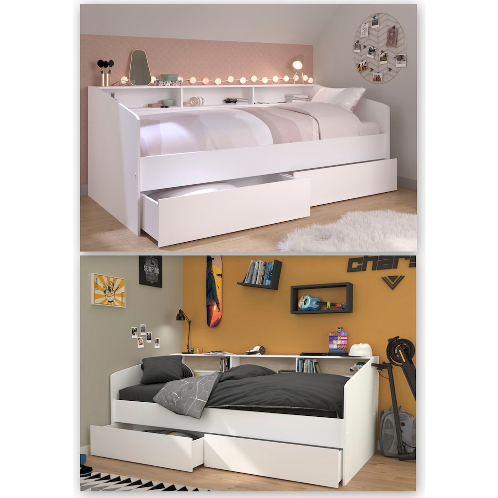 Parisot Stauraumbett »Sleep, Daybed, Kinderbett, Rückwand der Regale drehbar (farbig + weiß)«