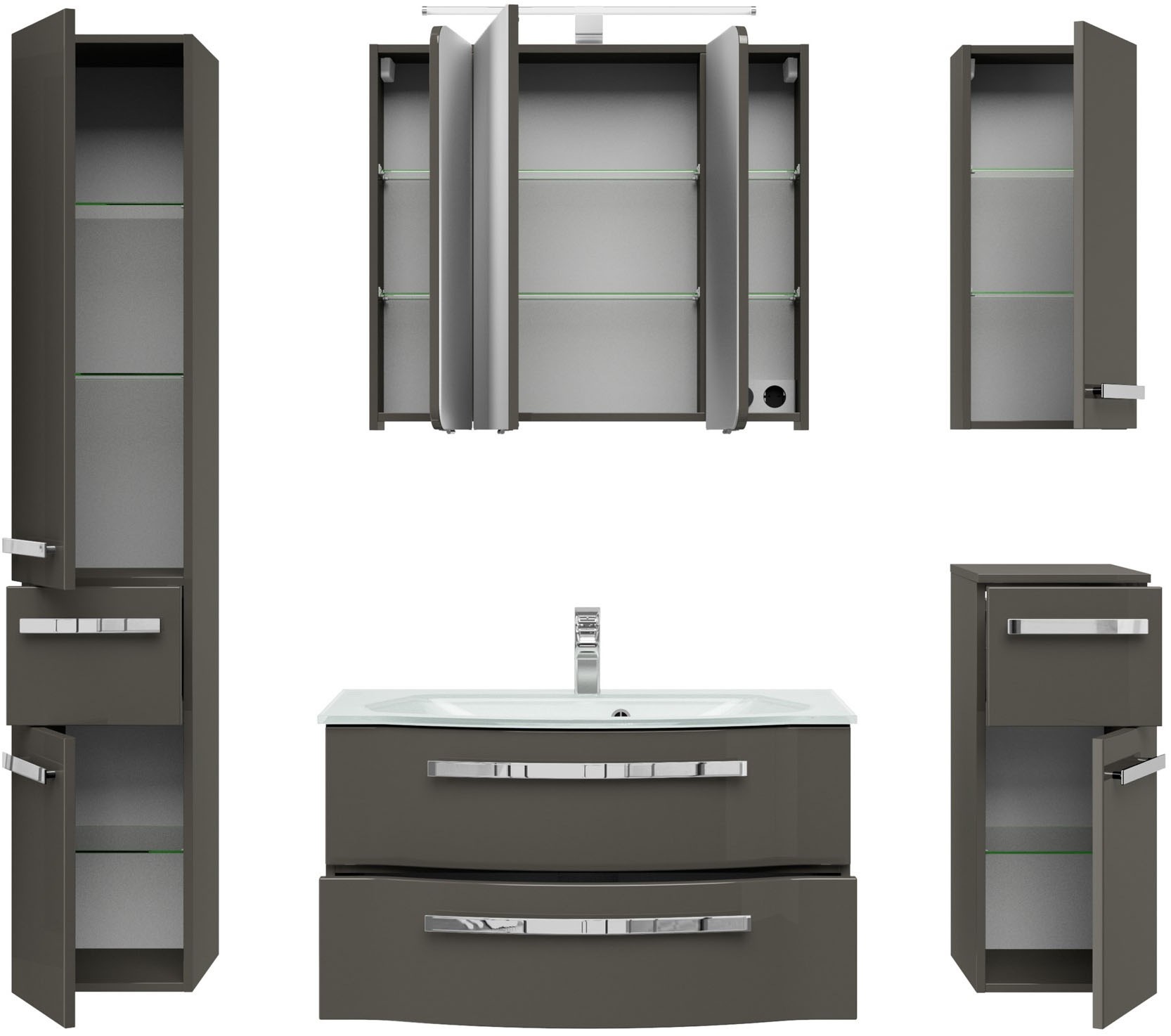 Saphir Badmöbel-Set »Serie 4005, vormontiert, Glaswaschbecken, Spiegelschrank«, (Set, 6 St.), Badezimmer-Set mit Unterschrank, Hängeschrank, Hochschrank, Türdämpfer